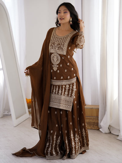Brown Dori Embroidery Silk Eid Special Sharara Suit for Women