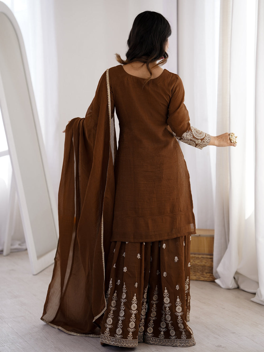 Brown Dori Embroidery Silk Eid Special Sharara Suit for Women