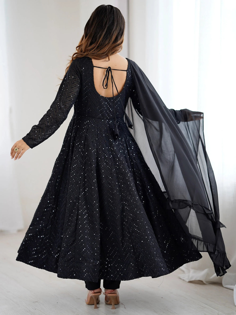 Black Sequins Georgette Festival Wear Anarkali Suit for Women