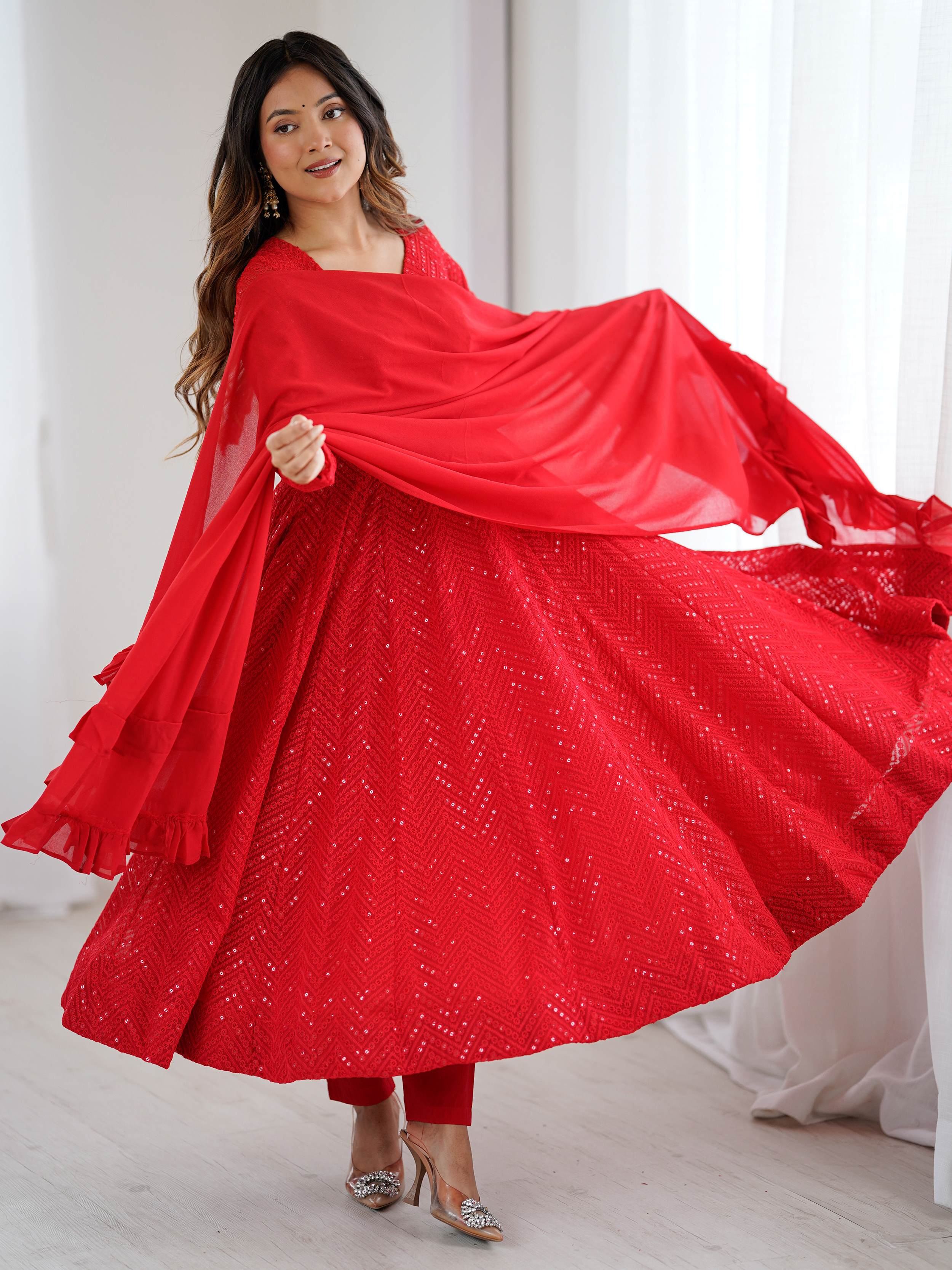Red Sequins Georgette Festival Wear Anarkali Suit for Women