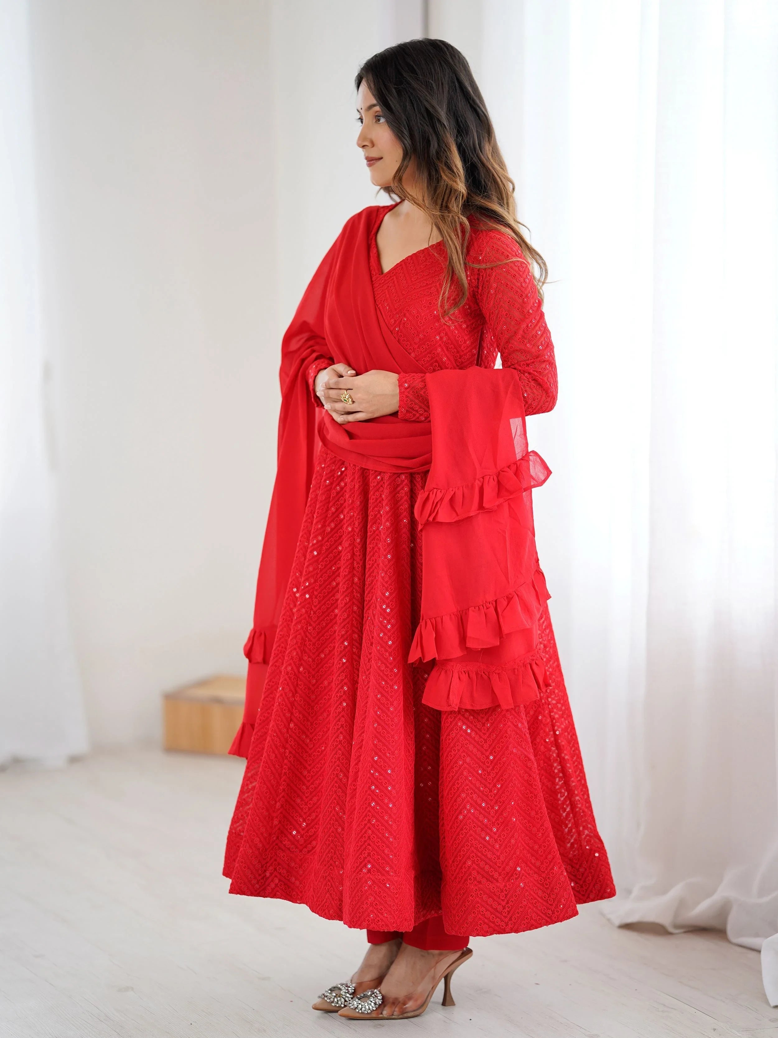 Red Sequins Georgette Festival Wear Anarkali Suit for Women
