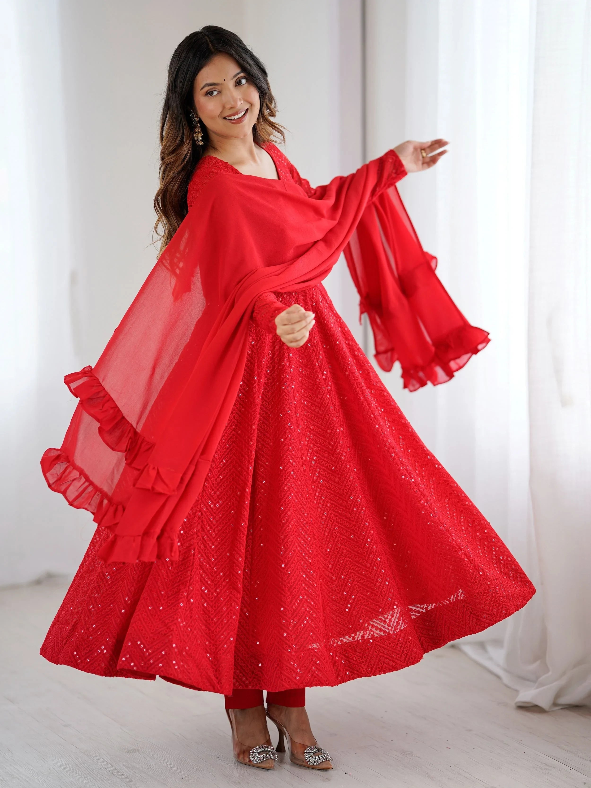 Red Sequins Georgette Festival Wear Anarkali Suit for Women