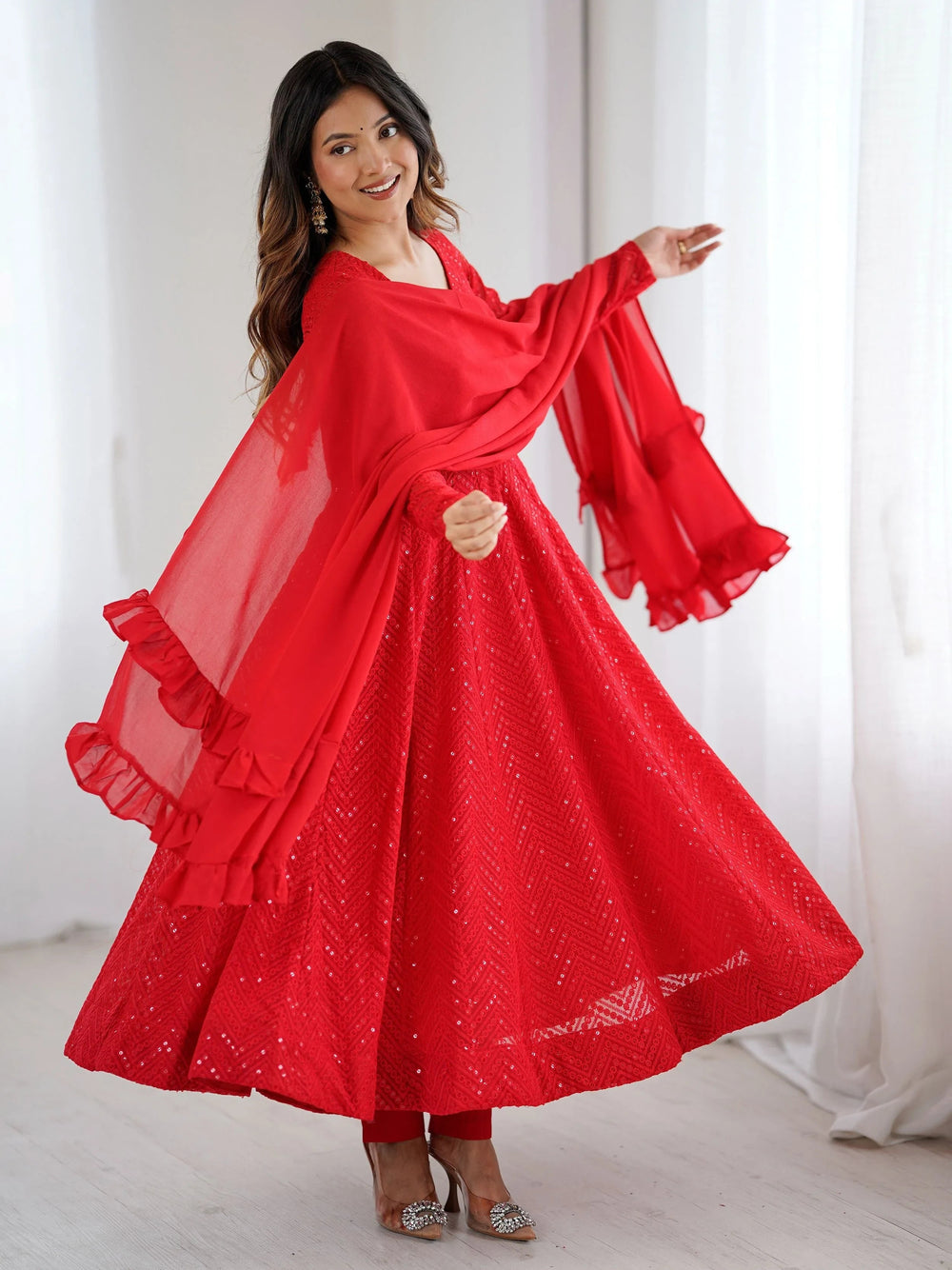 Red Sequins Georgette Festival Wear Anarkali Suit for Women