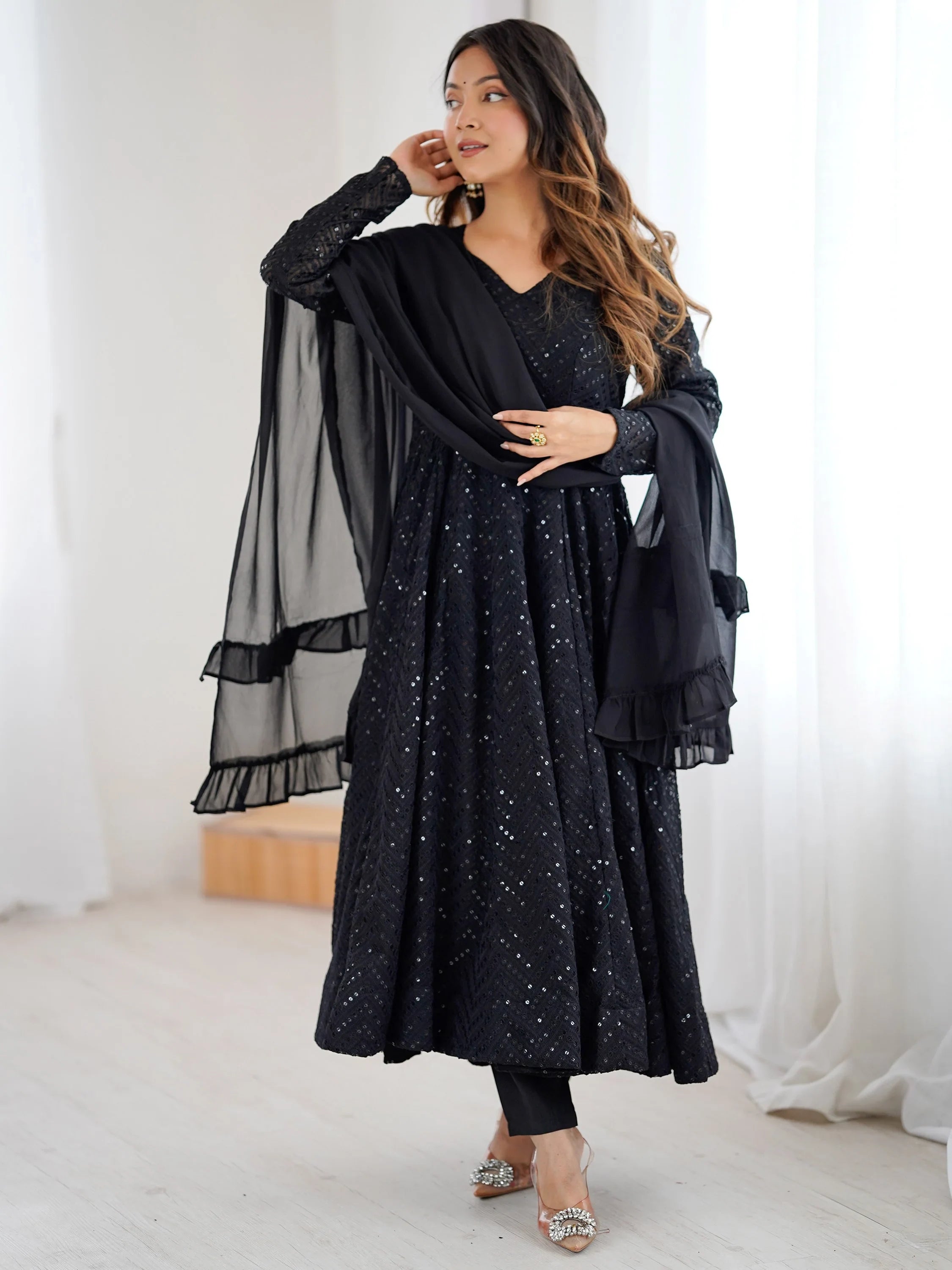 Black Sequins Georgette Festival Wear Anarkali Suit for Women