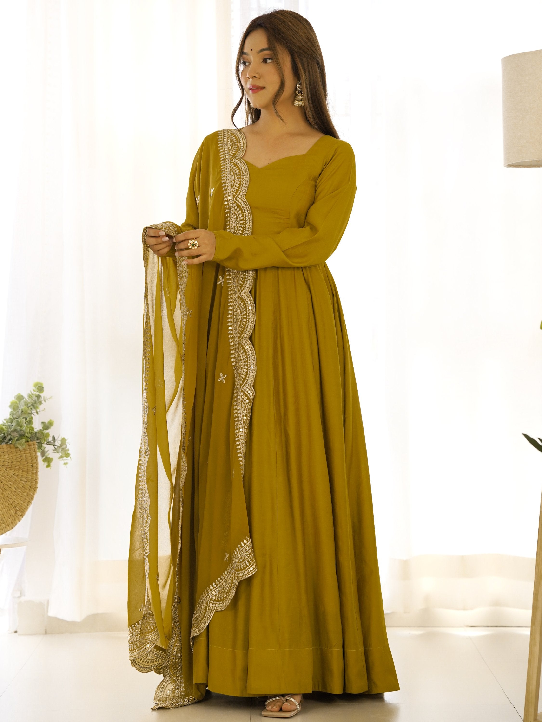Mustard Superior Silk Anarkali Pant Suit With Embroidered Dupatta