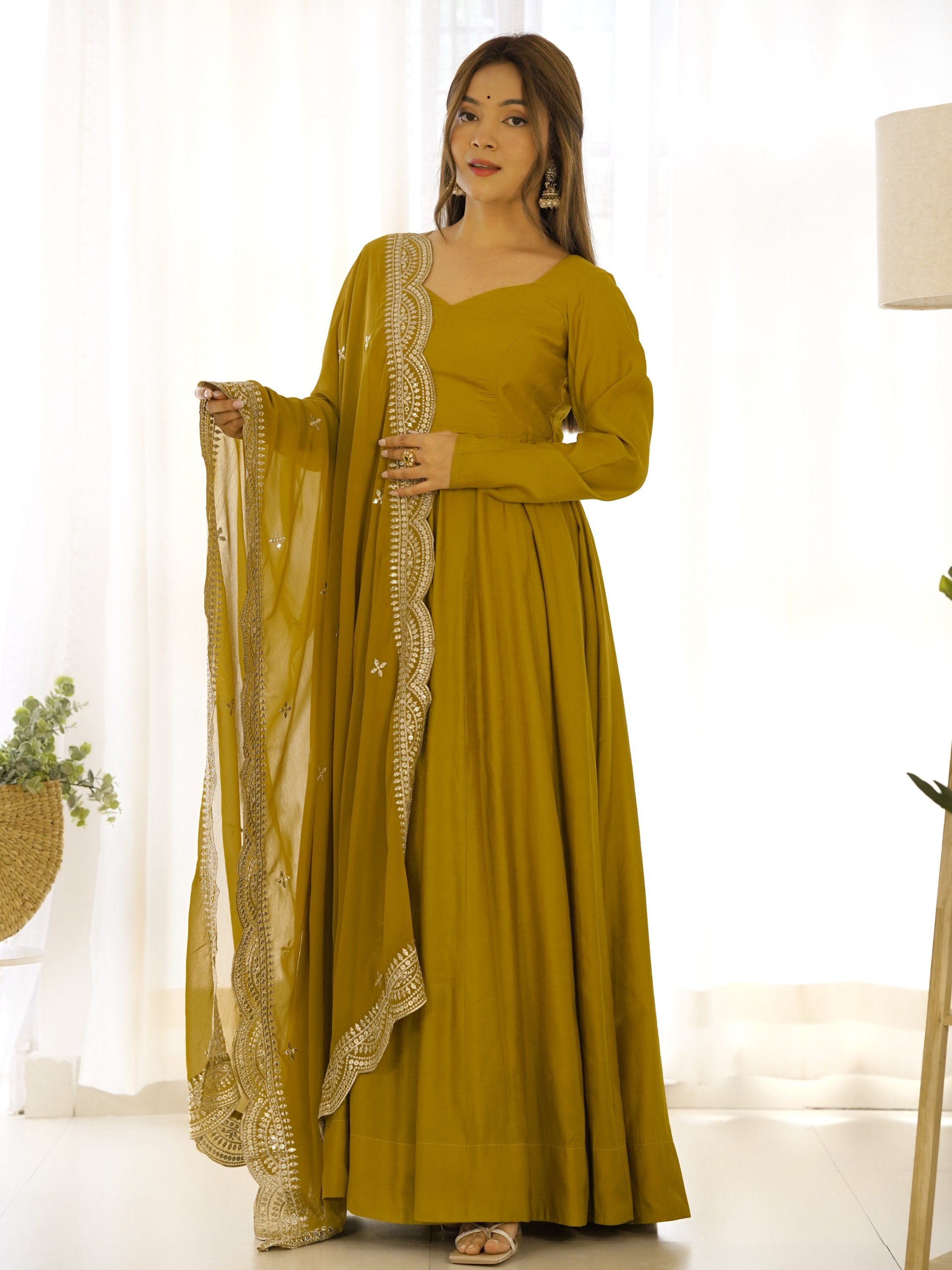 Mustard Superior Silk Anarkali Pant Suit With Embroidered Dupatta