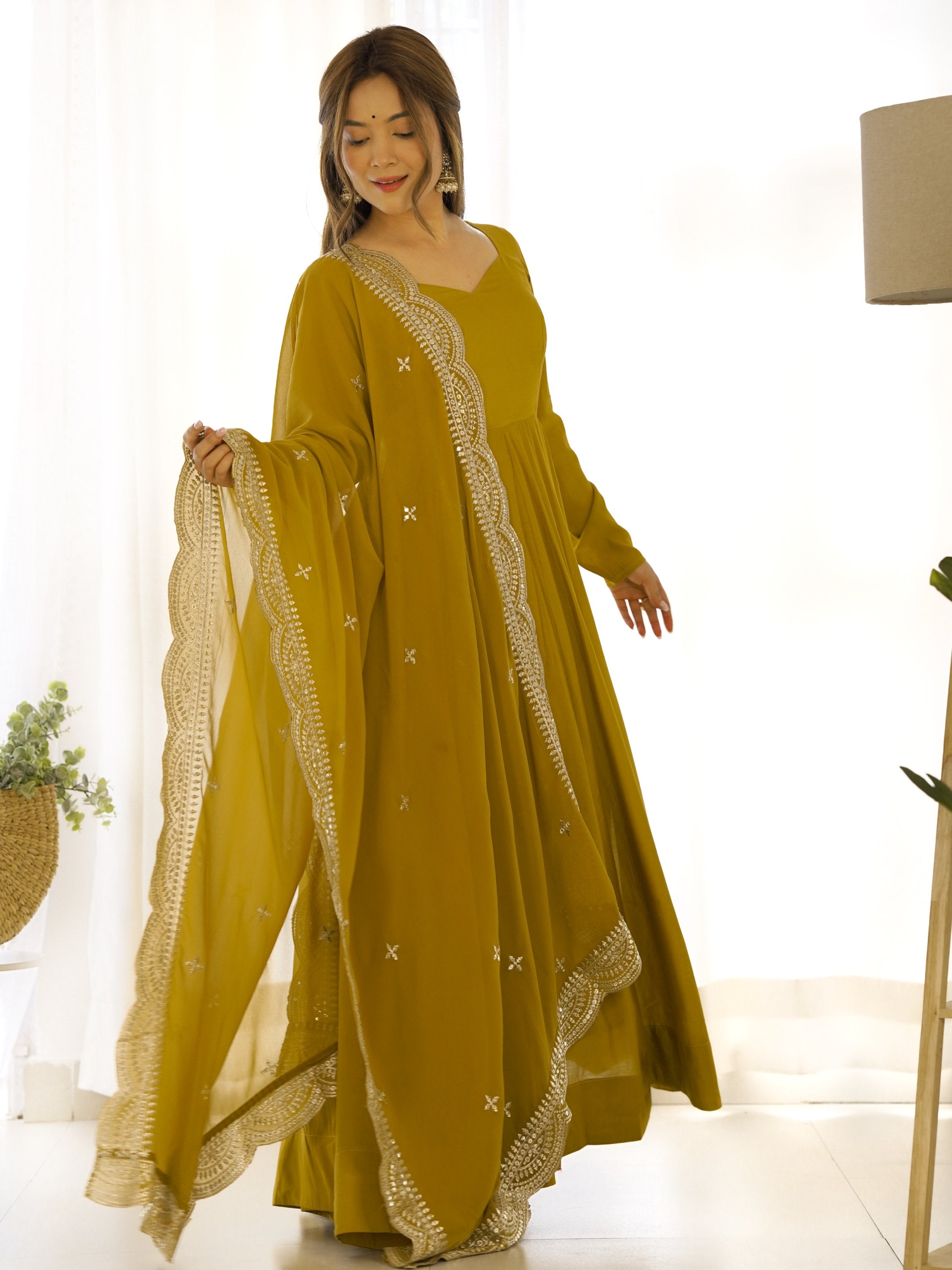 Mustard Superior Silk Anarkali Pant Suit With Embroidered Dupatta