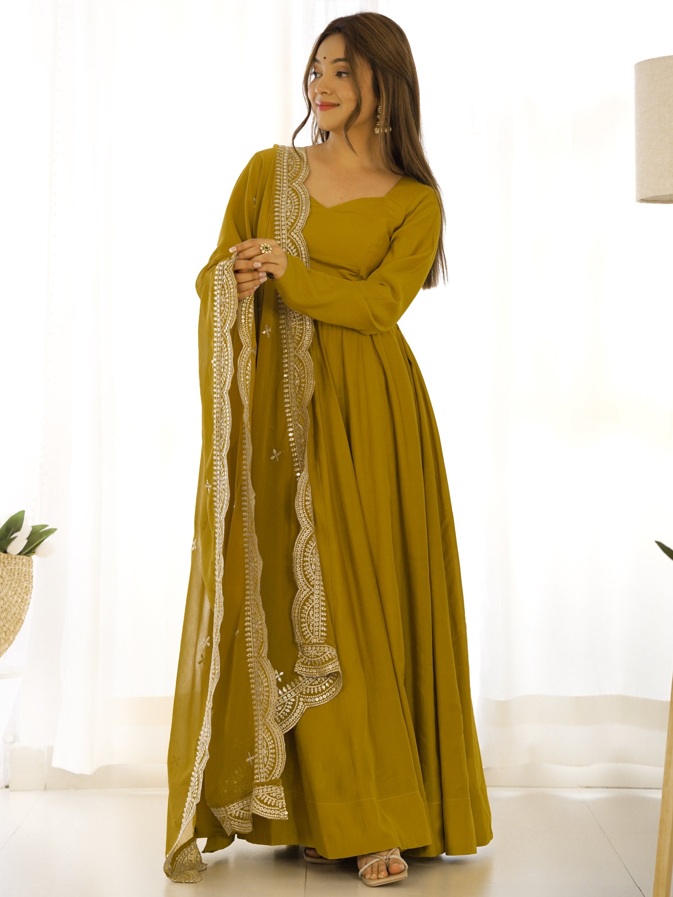 Mustard Superior Silk Anarkali Pant Suit With Embroidered Dupatta