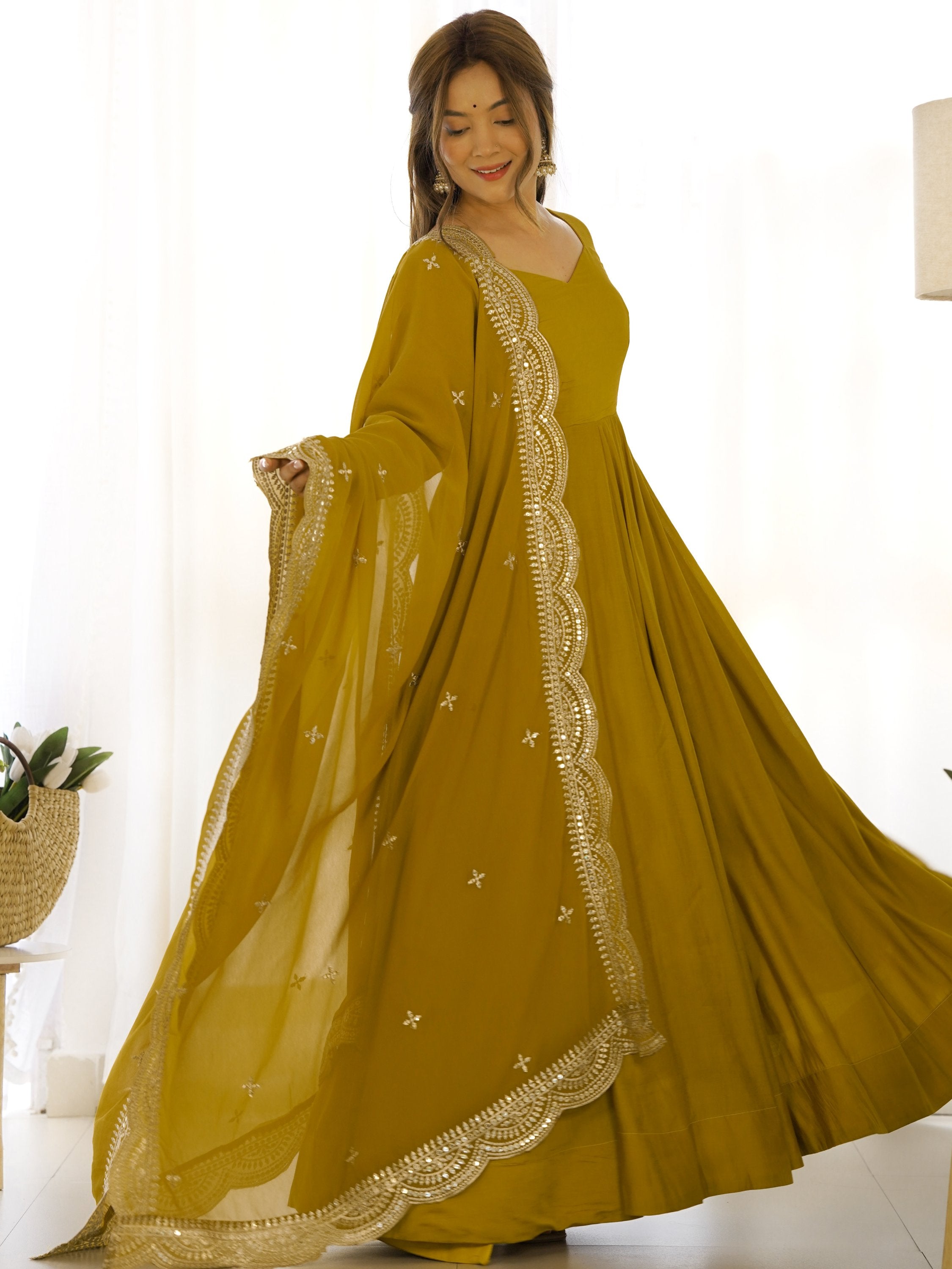 Mustard Superior Silk Anarkali Pant Suit With Embroidered Dupatta