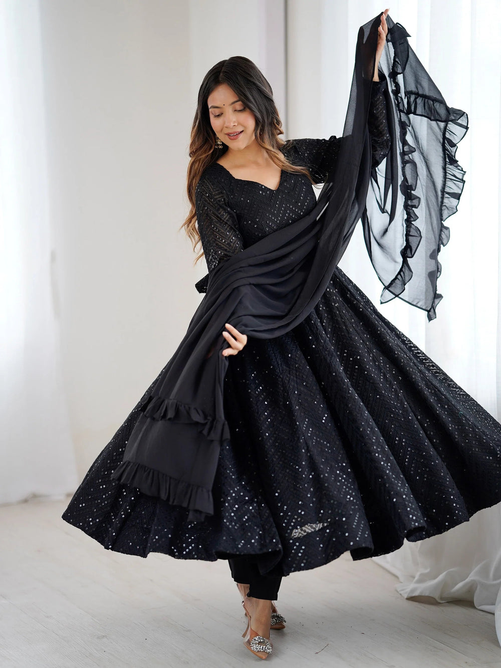 Black Sequins Georgette Festival Wear Anarkali Suit for Women