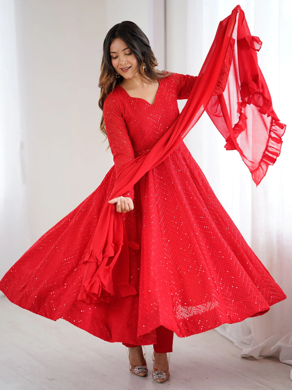 Red Sequins Georgette Festival Wear Anarkali Suit for Women