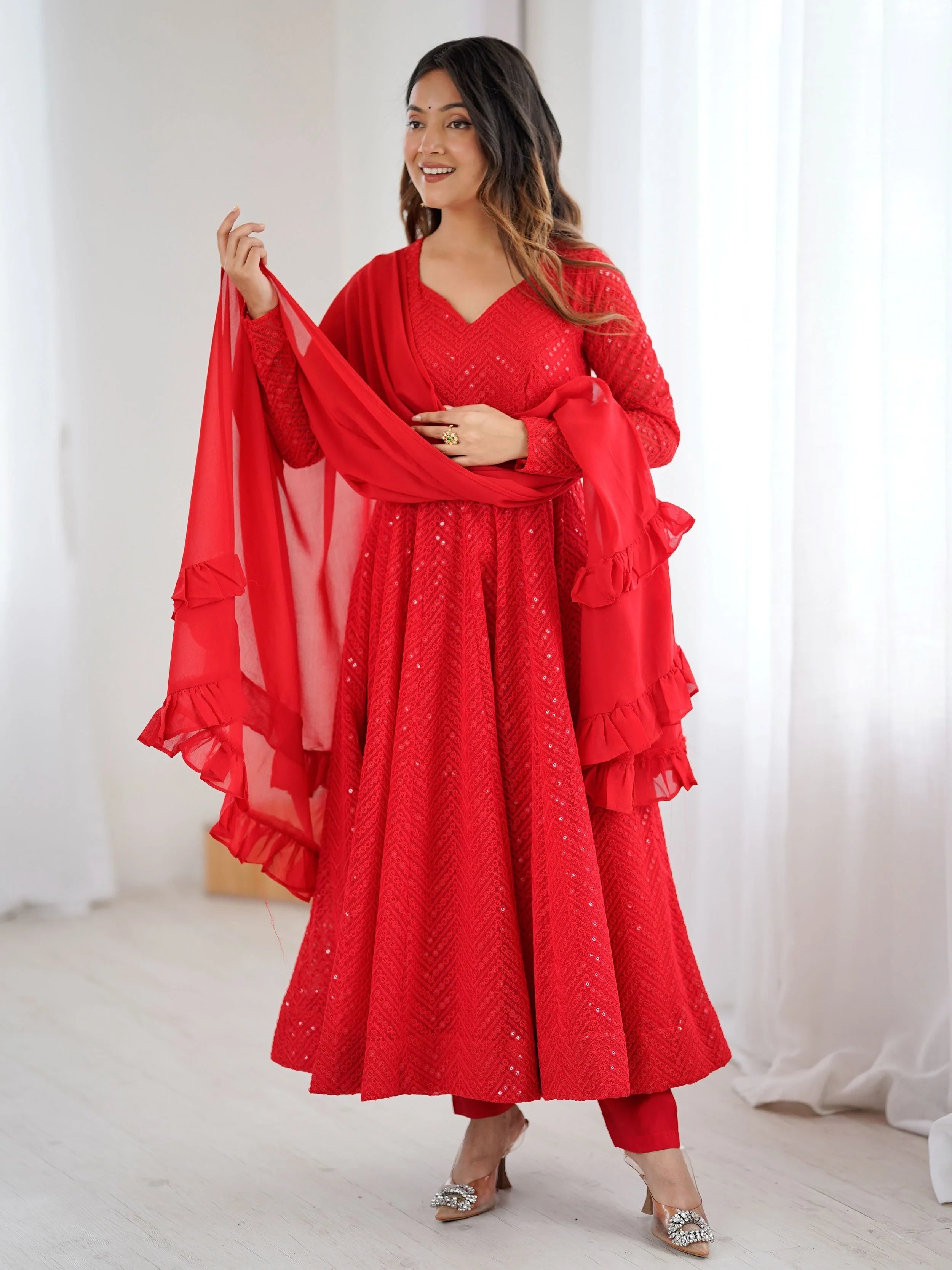 Red Sequins Georgette Festival Wear Anarkali Suit for Women