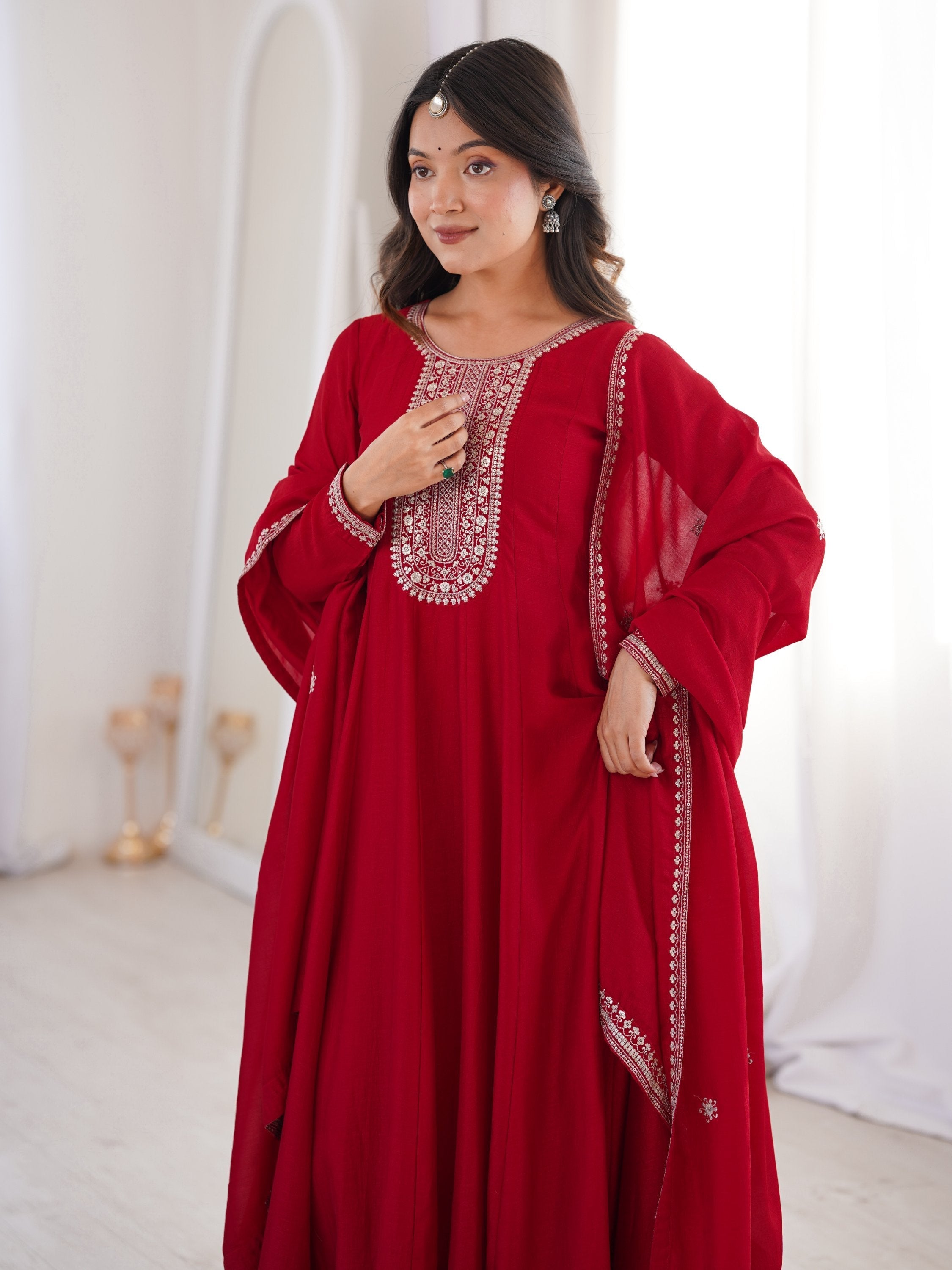 Red Engaging Zari Work Silk Reception Wear Gown With Dupatta for Women