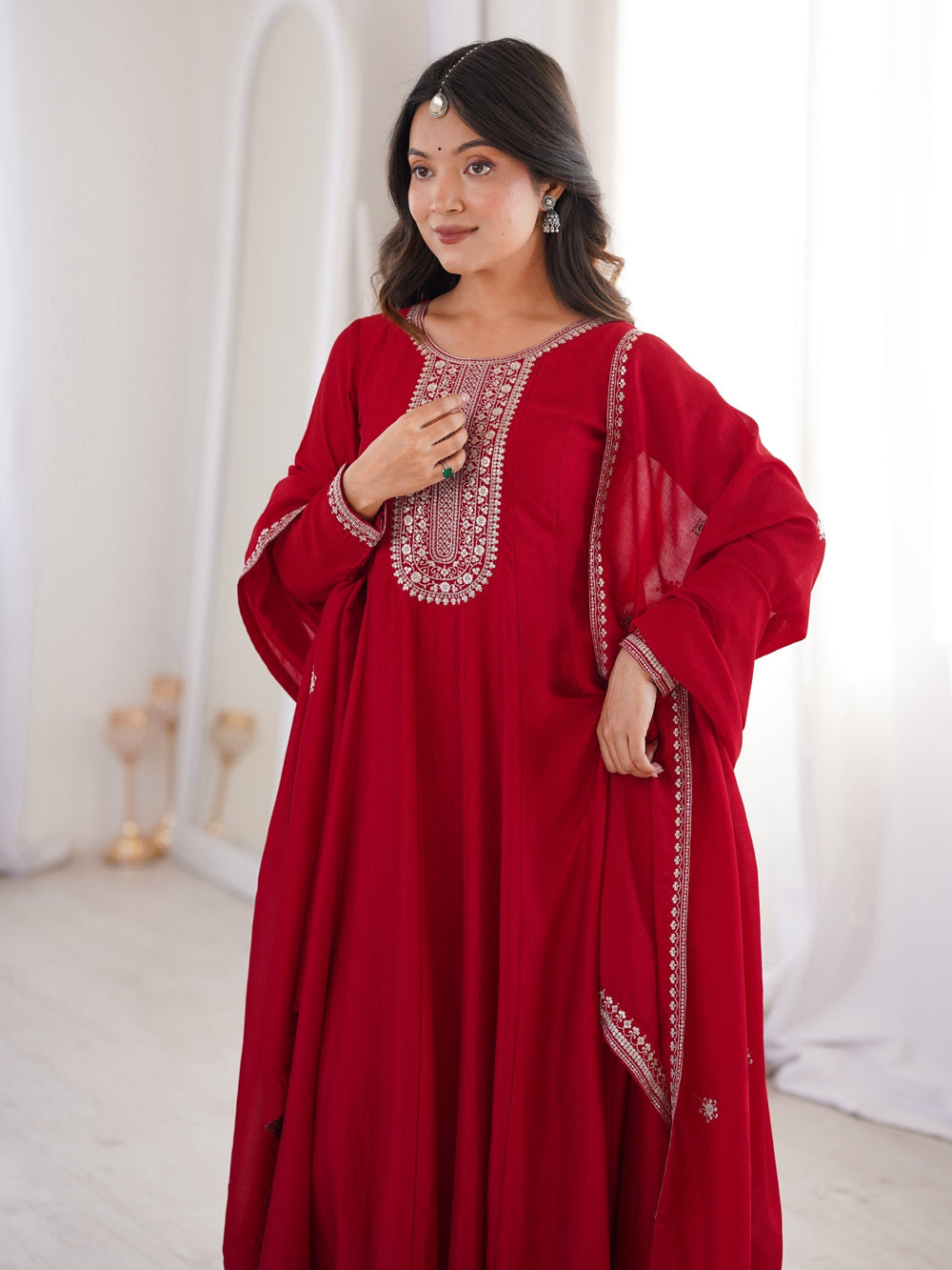 Red Engaging Zari Work Silk Reception Wear Gown With Dupatta for Women