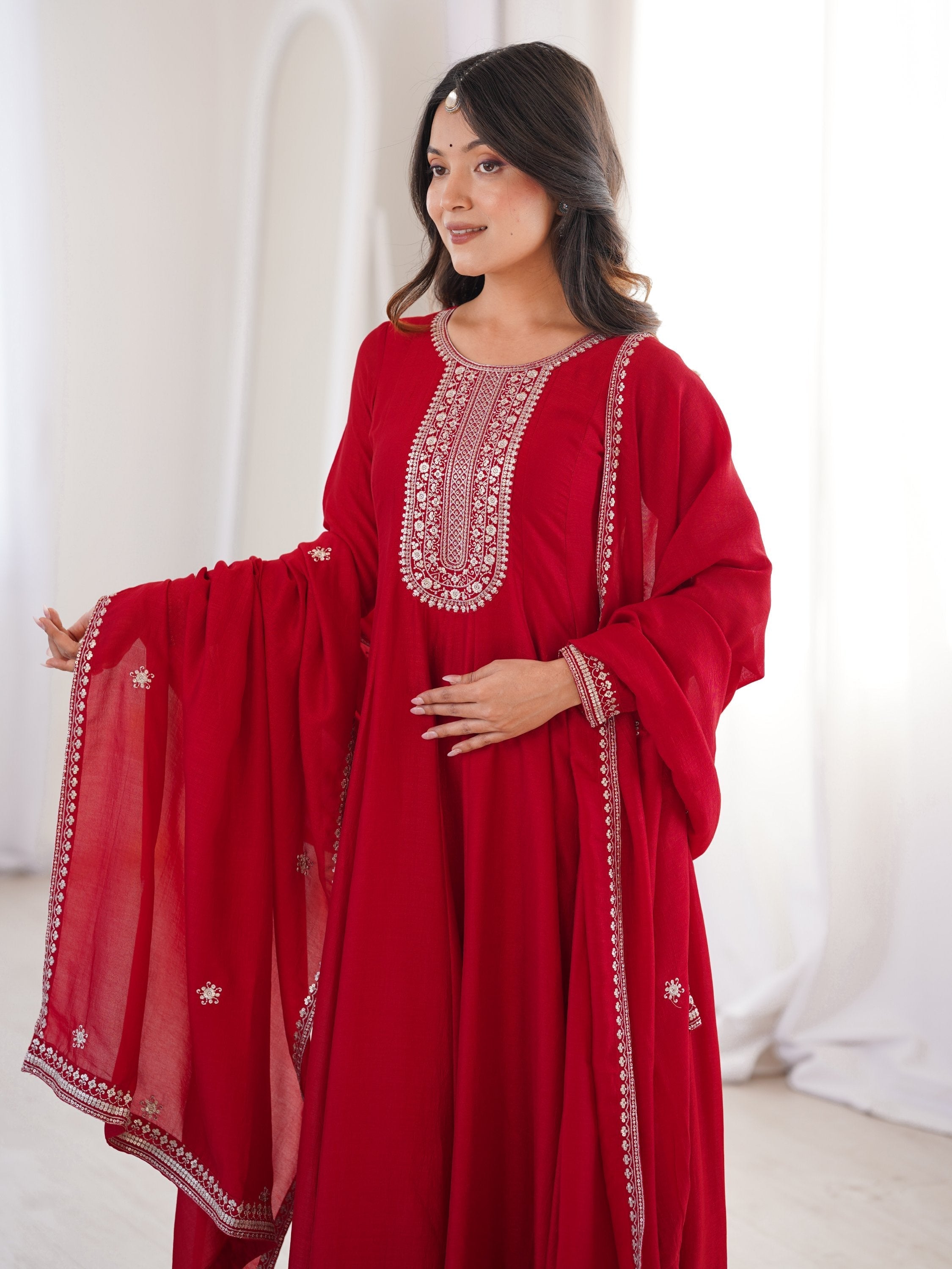 Red Engaging Zari Work Silk Reception Wear Gown With Dupatta for Women