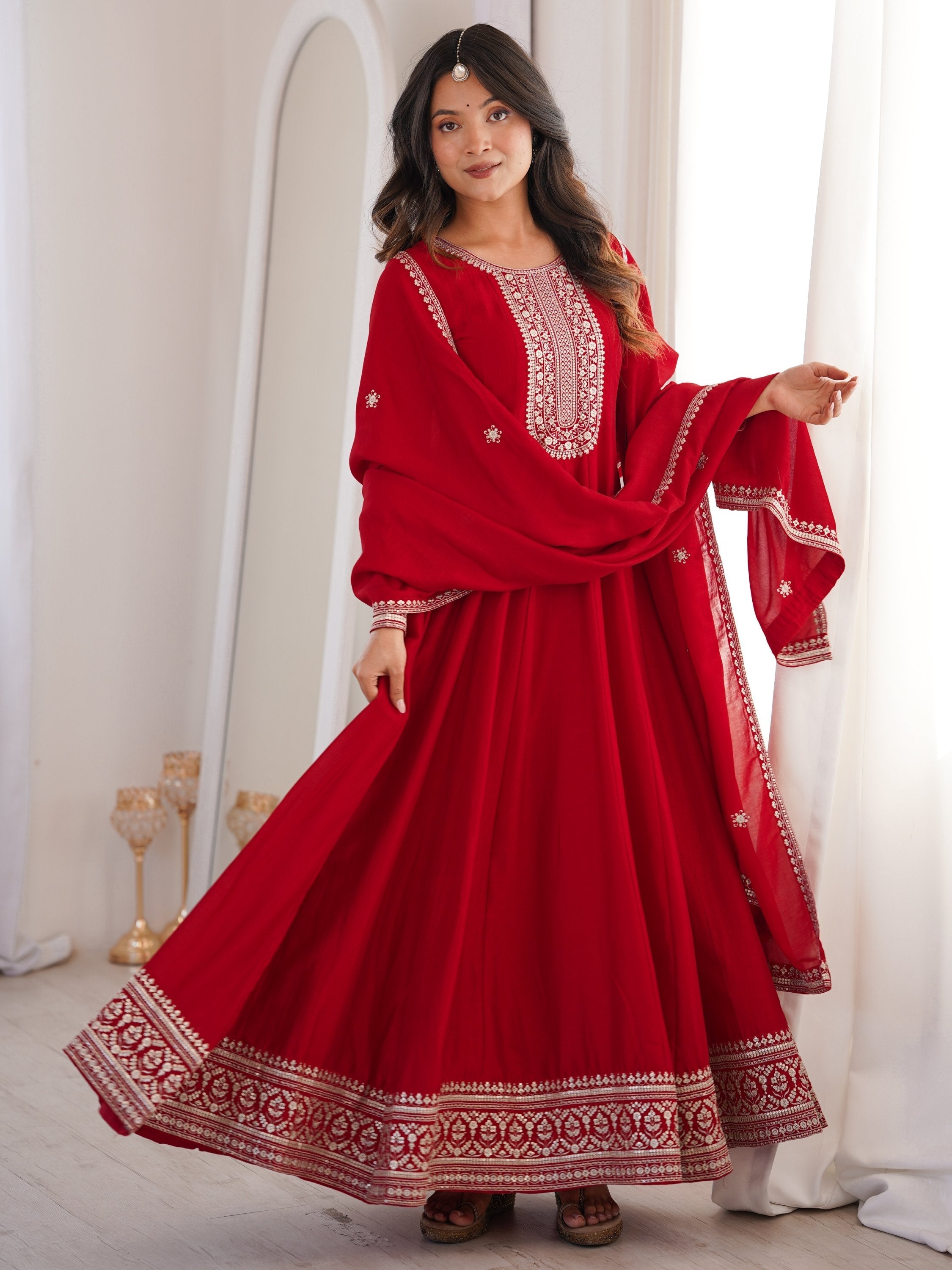 Red Engaging Zari Work Silk Reception Wear Gown With Dupatta for Women