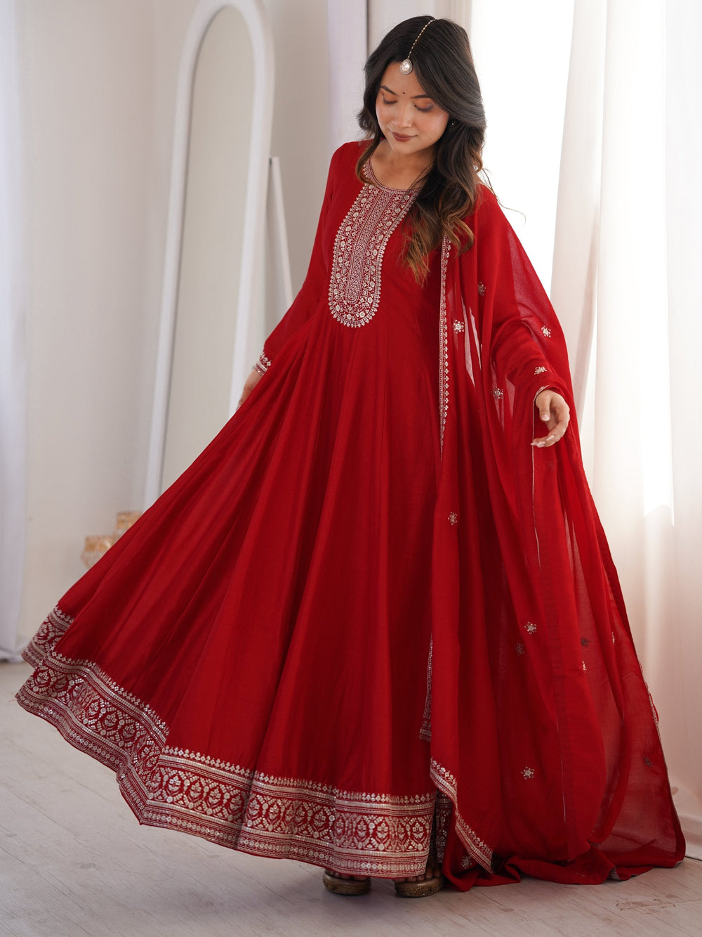 Red Engaging Zari Work Silk Reception Wear Gown With Dupatta for Women