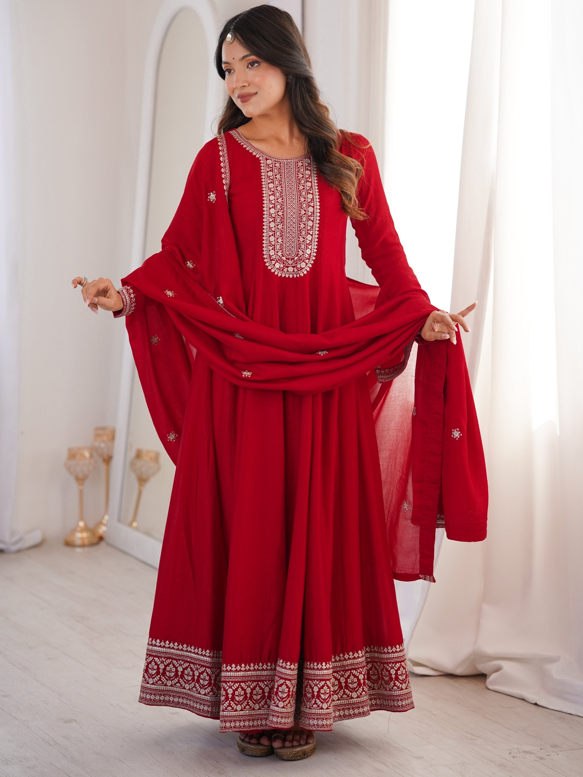 Red Engaging Zari Work Silk Reception Wear Gown With Dupatta for Women