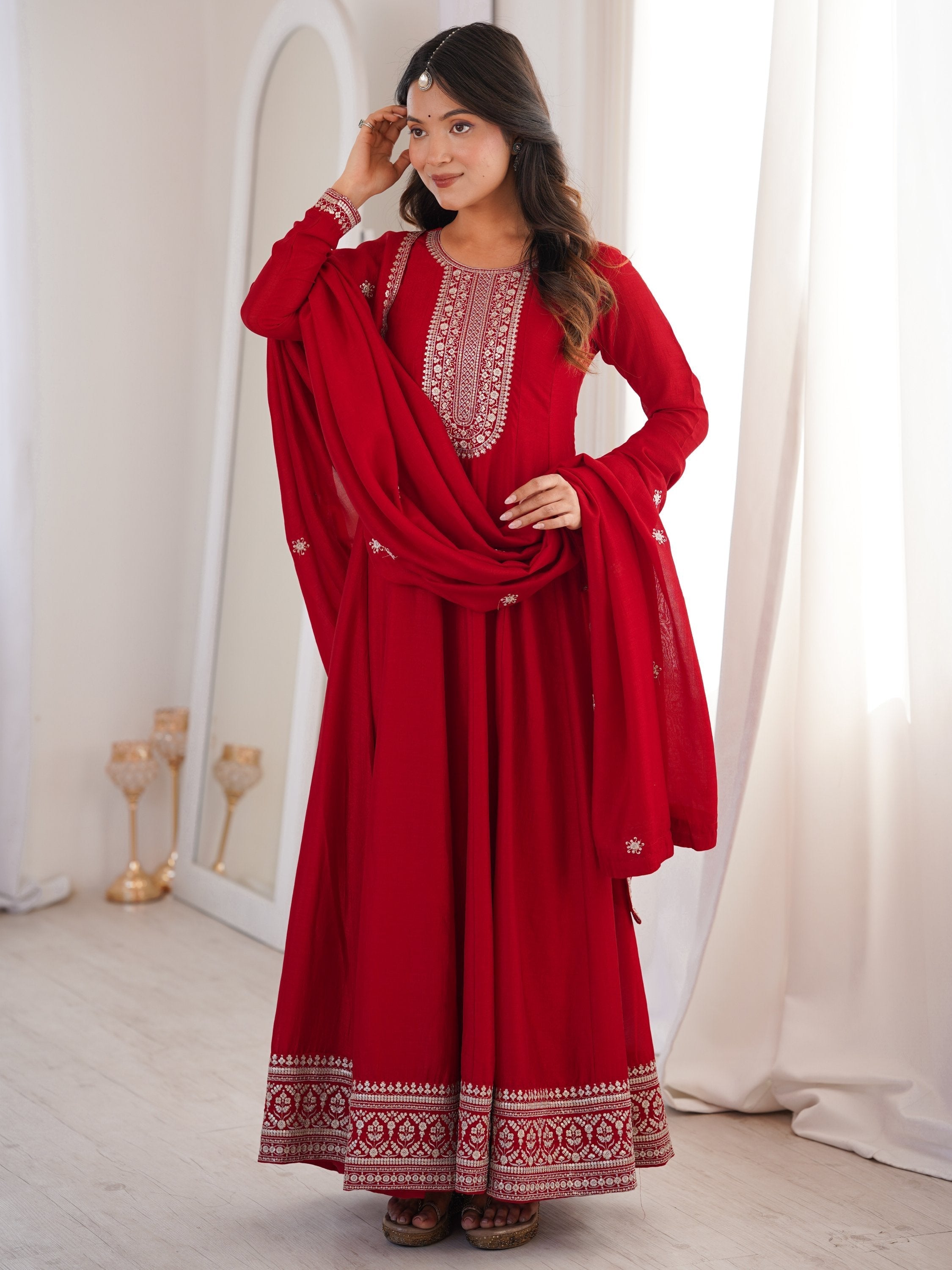 Red Engaging Zari Work Silk Reception Wear Gown With Dupatta for Women