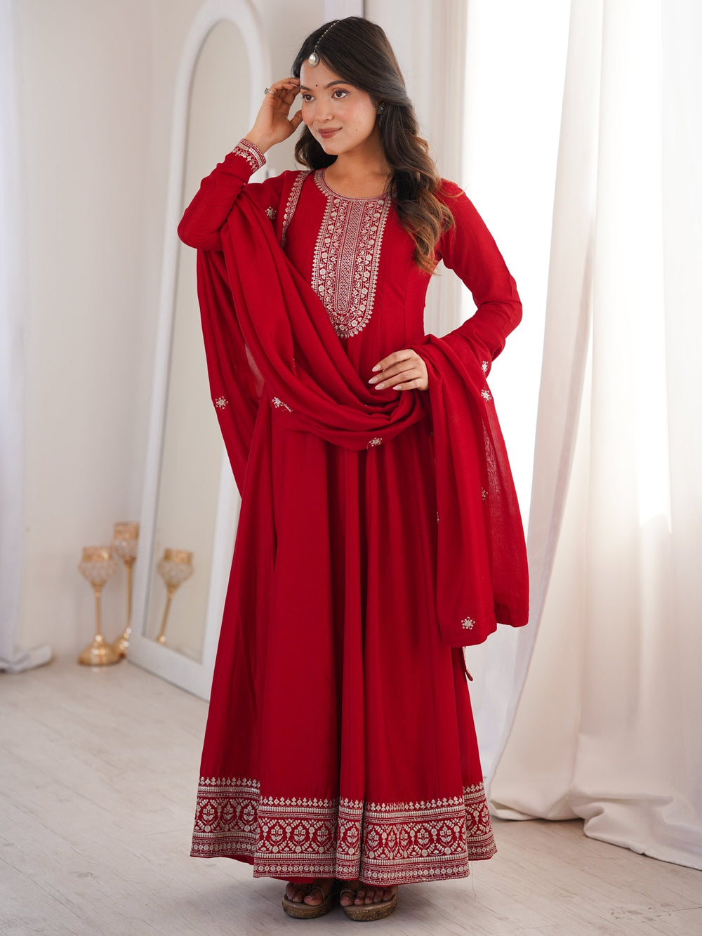 Red Engaging Zari Work Silk Reception Wear Gown With Dupatta for Women