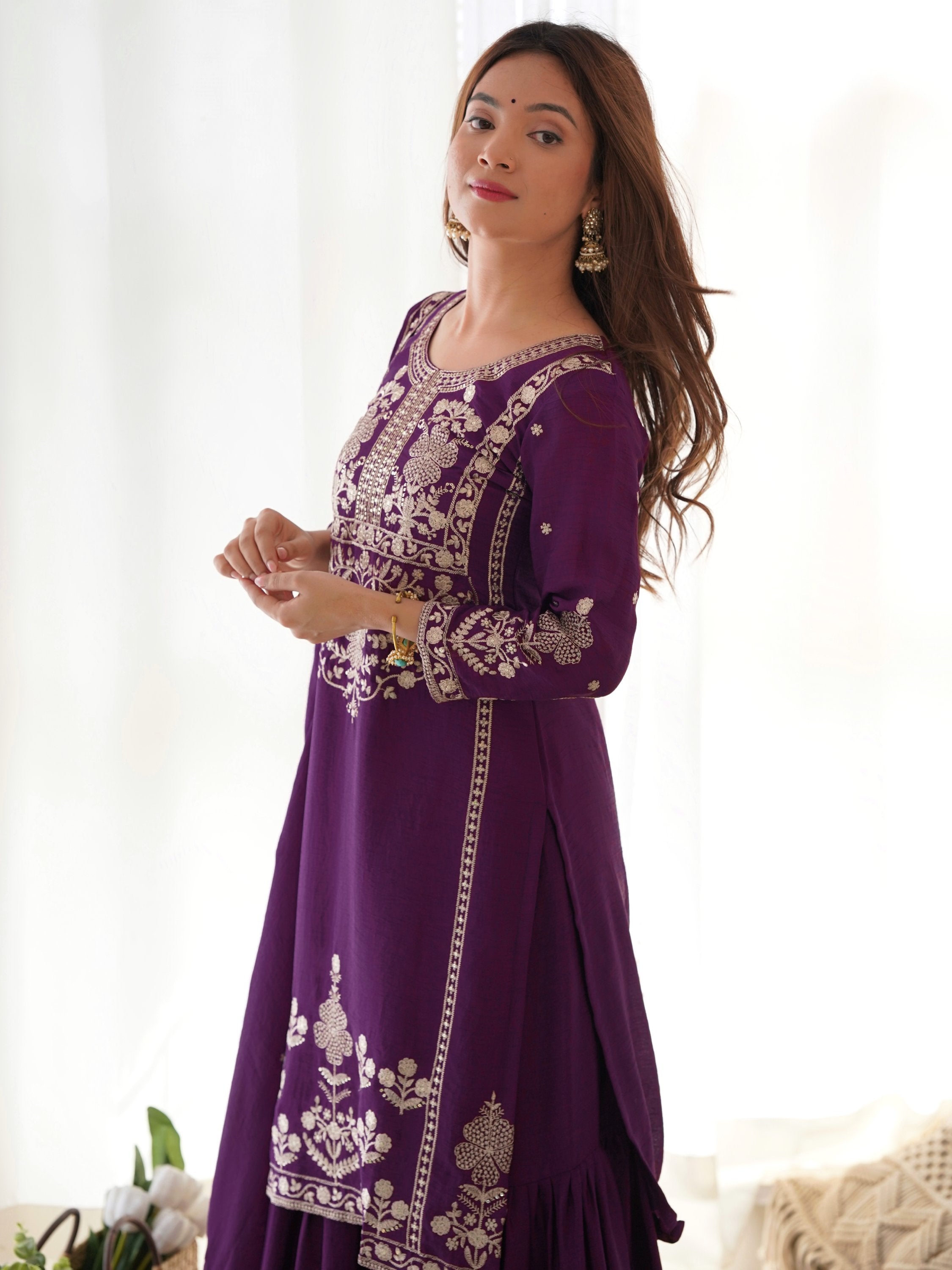 Purple Chinon Embroidered Wedding Wear Sharara Suit for Women