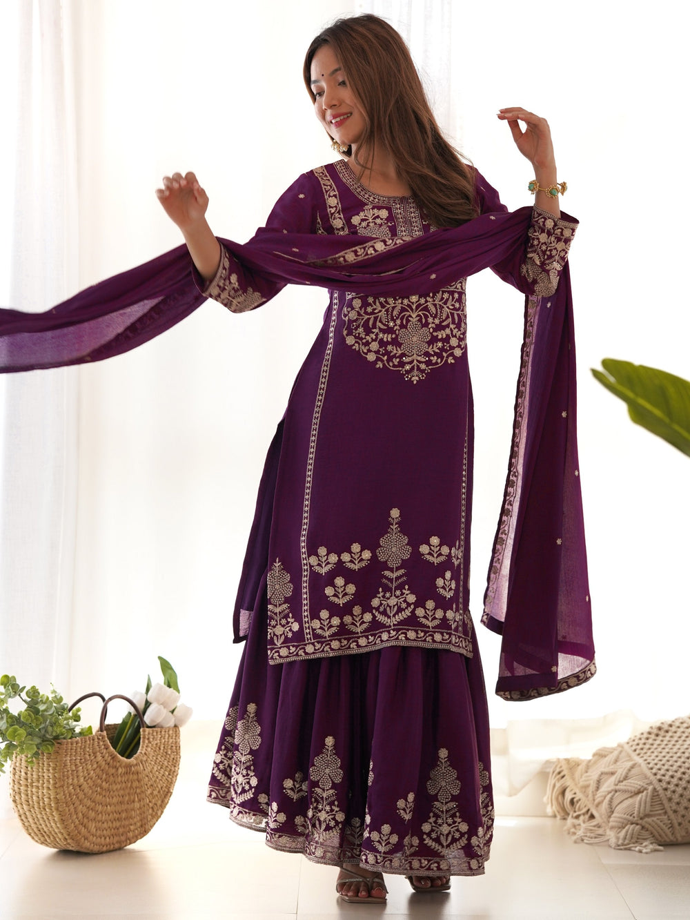 Purple Chinon Embroidered Wedding Wear Sharara Suit for Women