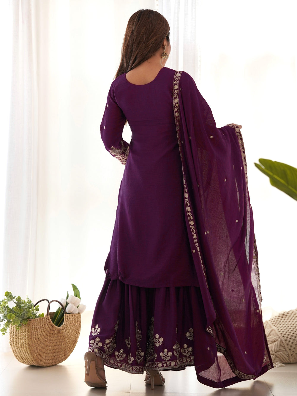 Purple Chinon Embroidered Wedding Wear Sharara Suit for Women