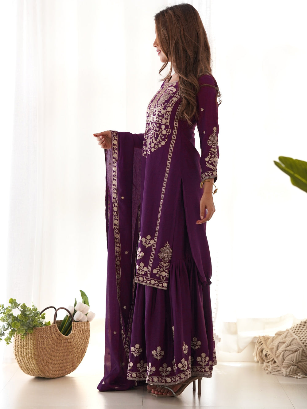 Purple Chinon Embroidered Wedding Wear Sharara Suit for Women