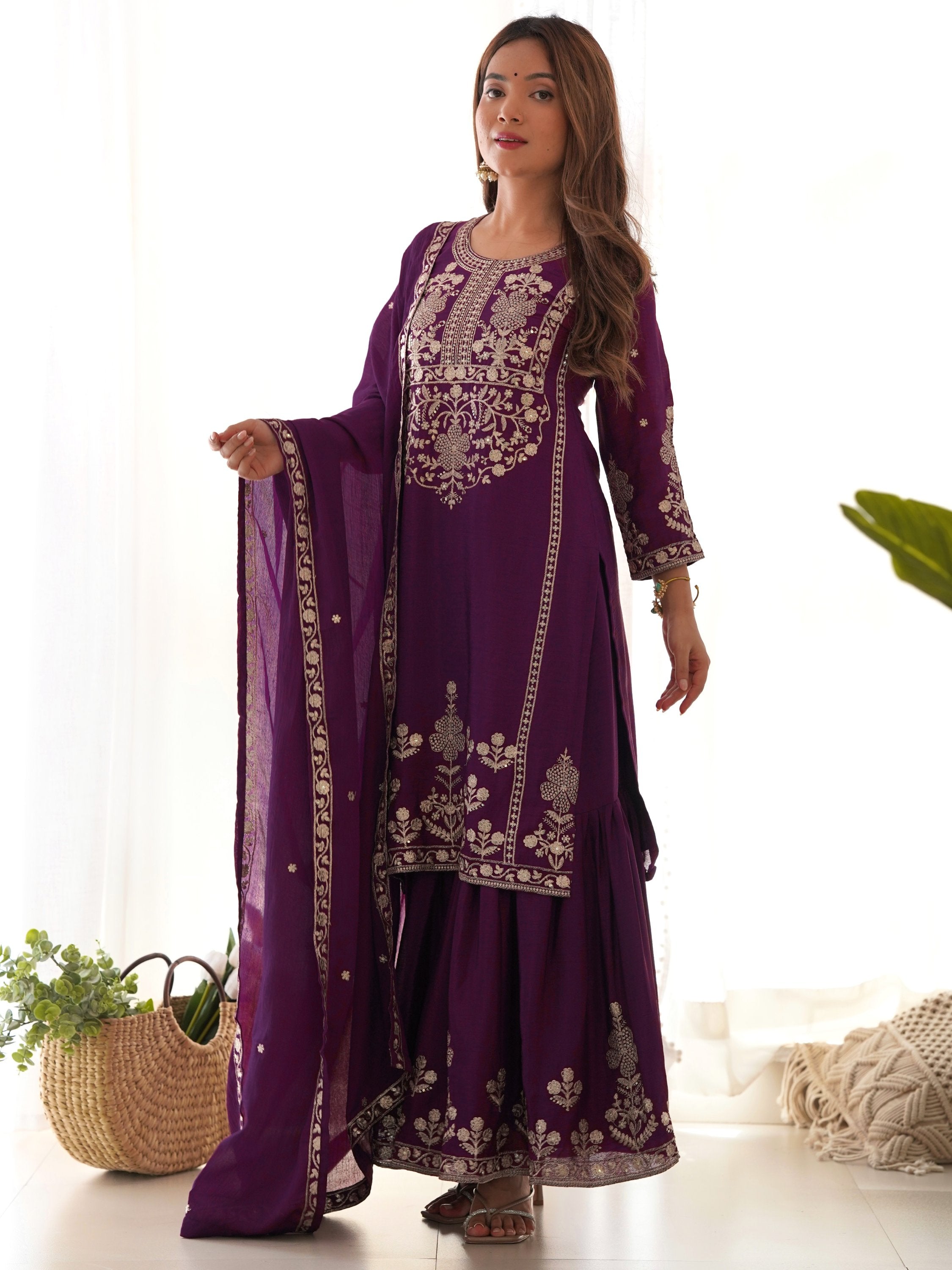 Purple Chinon Embroidered Wedding Wear Sharara Suit for Women