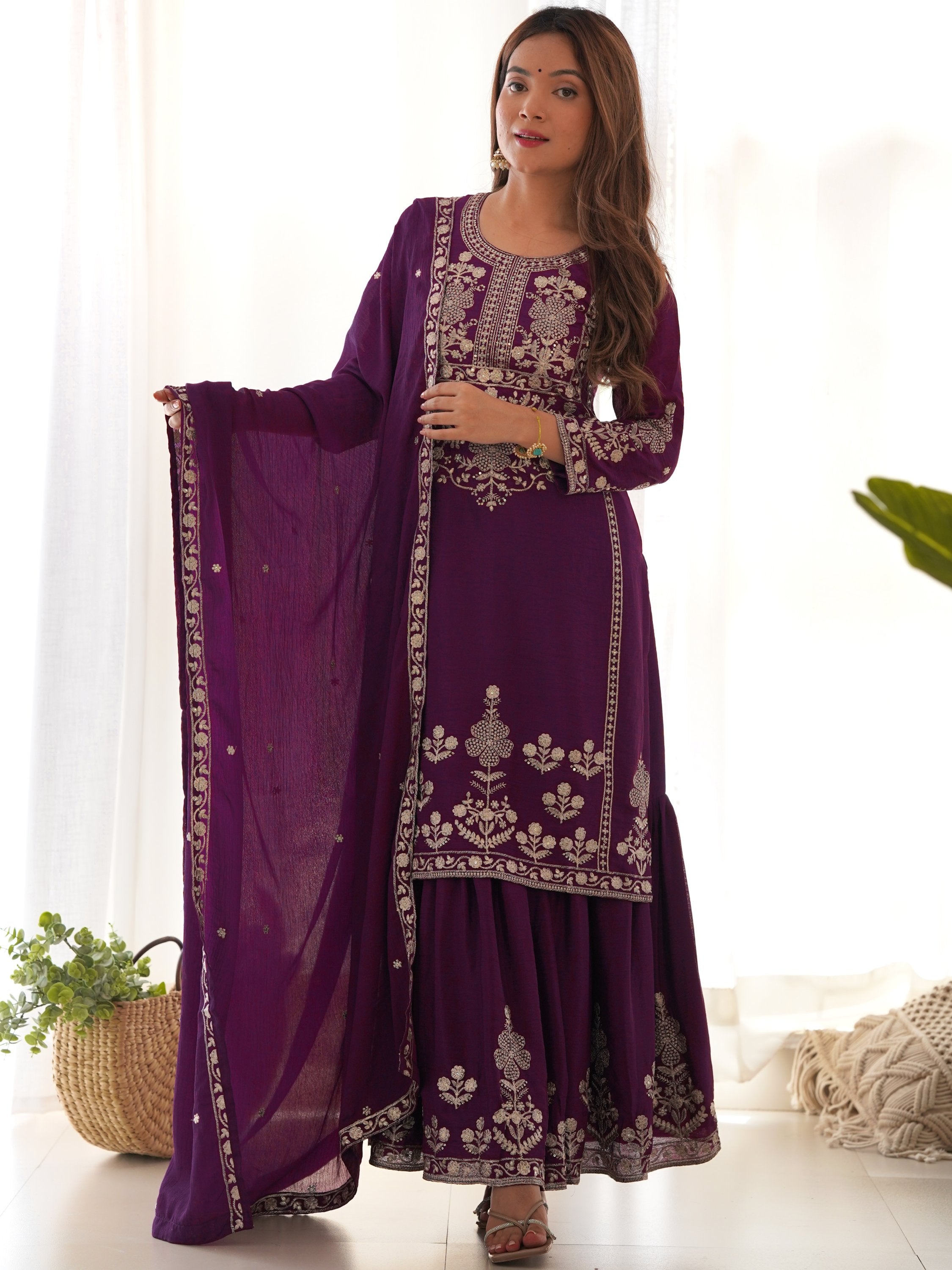 Purple Chinon Embroidered Wedding Wear Sharara Suit for Women