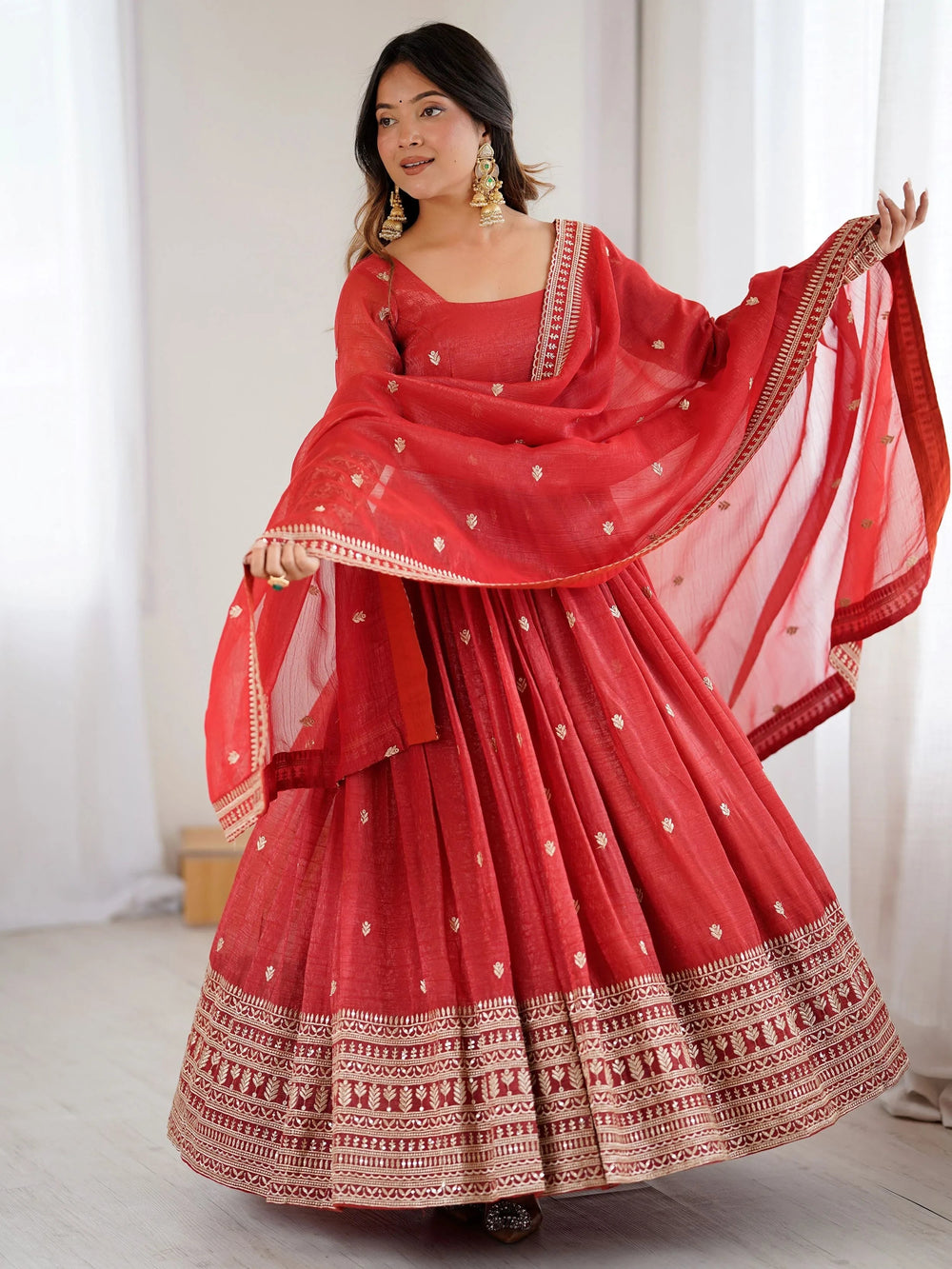 Red Embroidered Silk Festive Wear Gown With Dupatta for Women