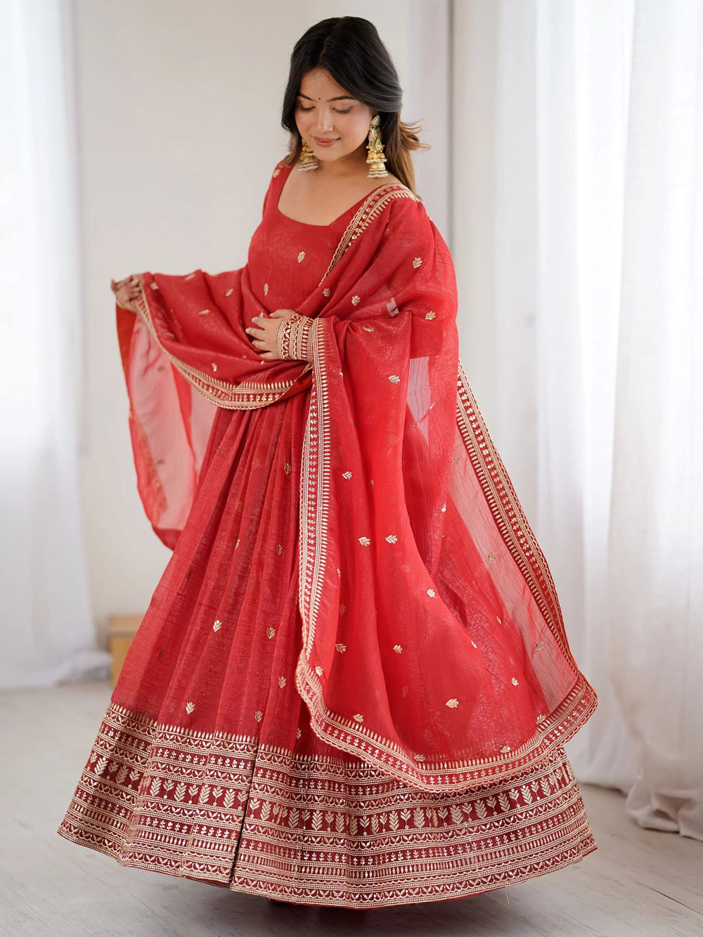 Red Embroidered Silk Festive Wear Gown With Dupatta for Women