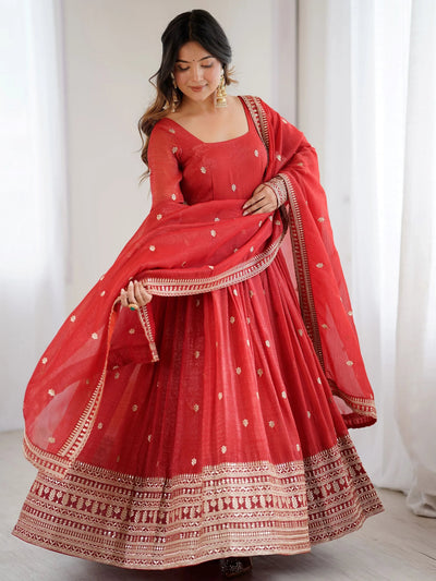 Red Embroidered Silk Festive Wear Gown With Dupatta for Women