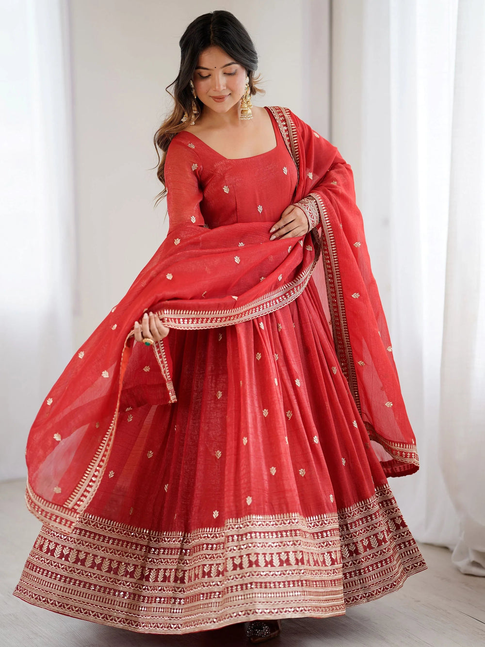 Red Embroidered Silk Festive Wear Gown With Dupatta for Women