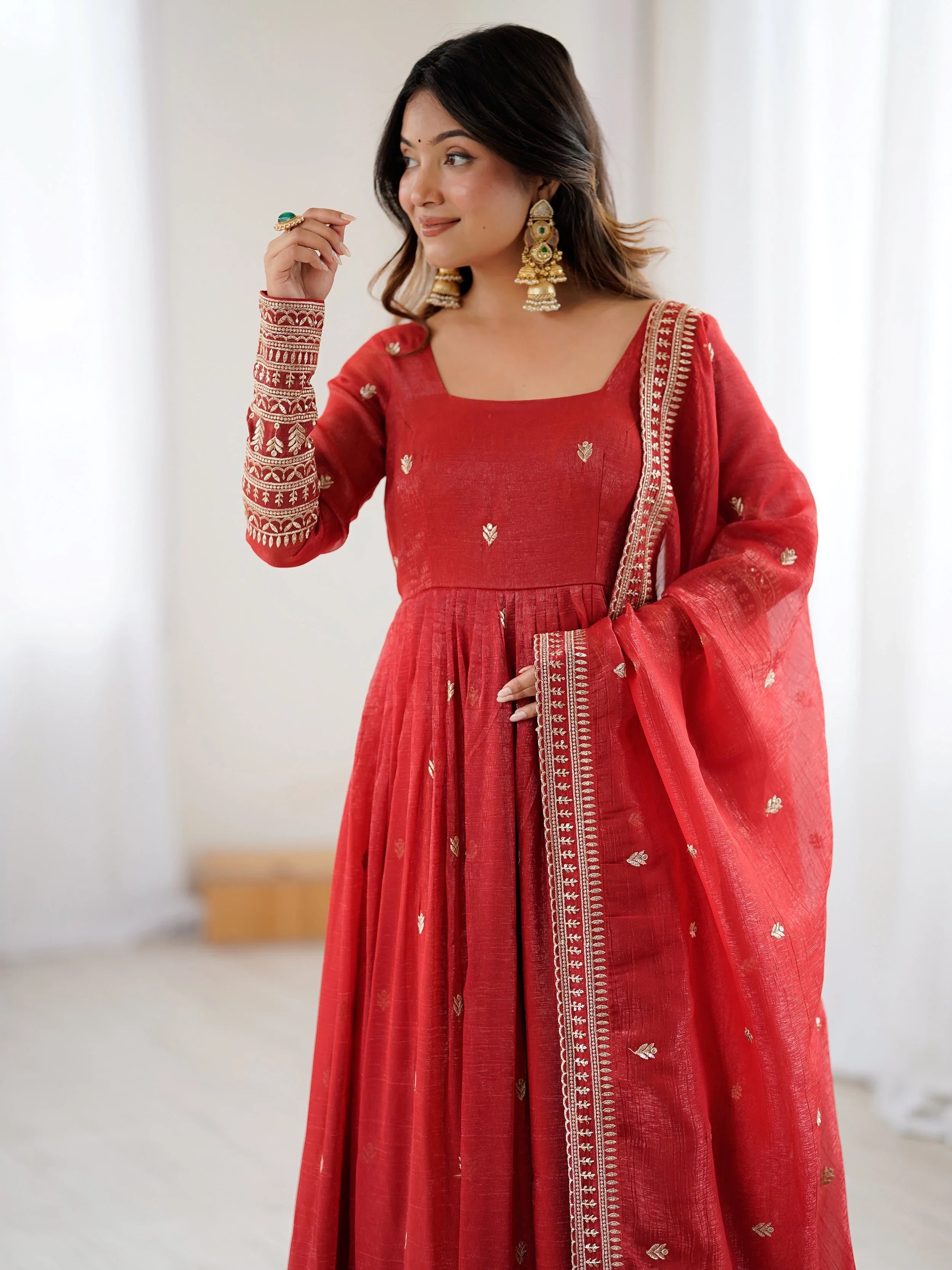 Red Embroidered Silk Festive Wear Gown With Dupatta for Women