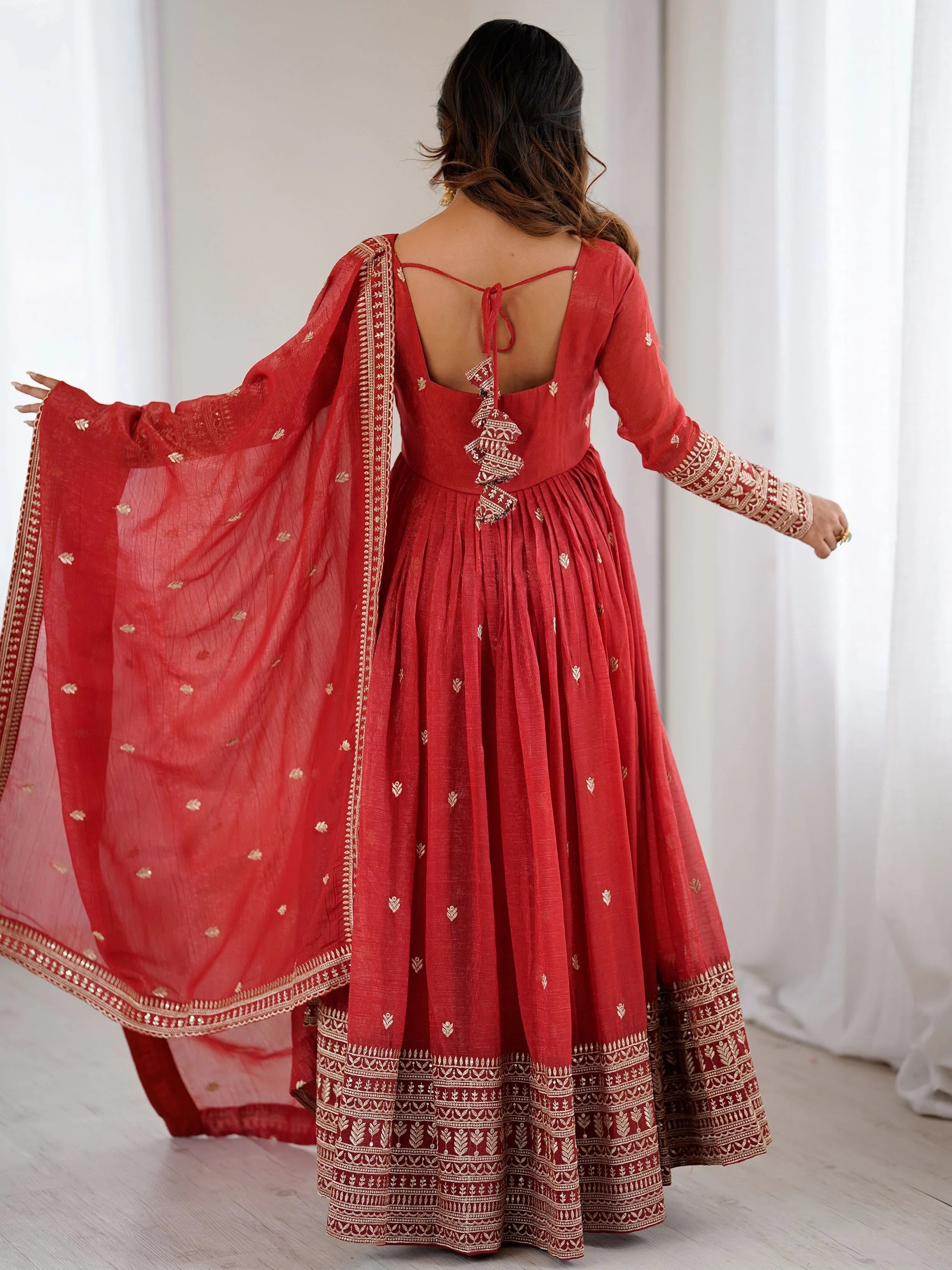 Red Embroidered Silk Festive Wear Gown With Dupatta for Women