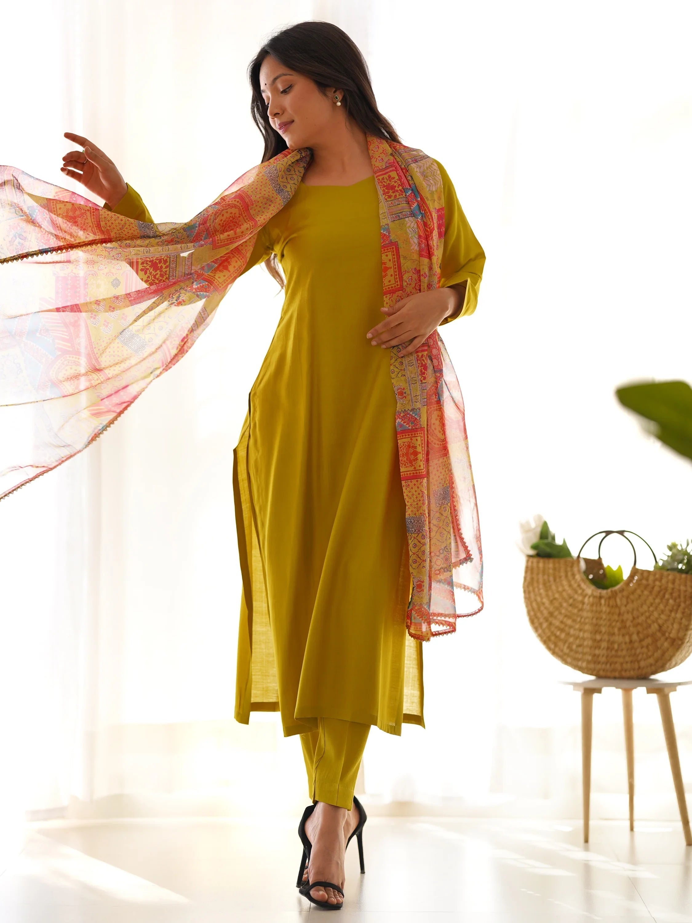 Mustard Attractive Cotton Event Wear Straight Kurta With Pant