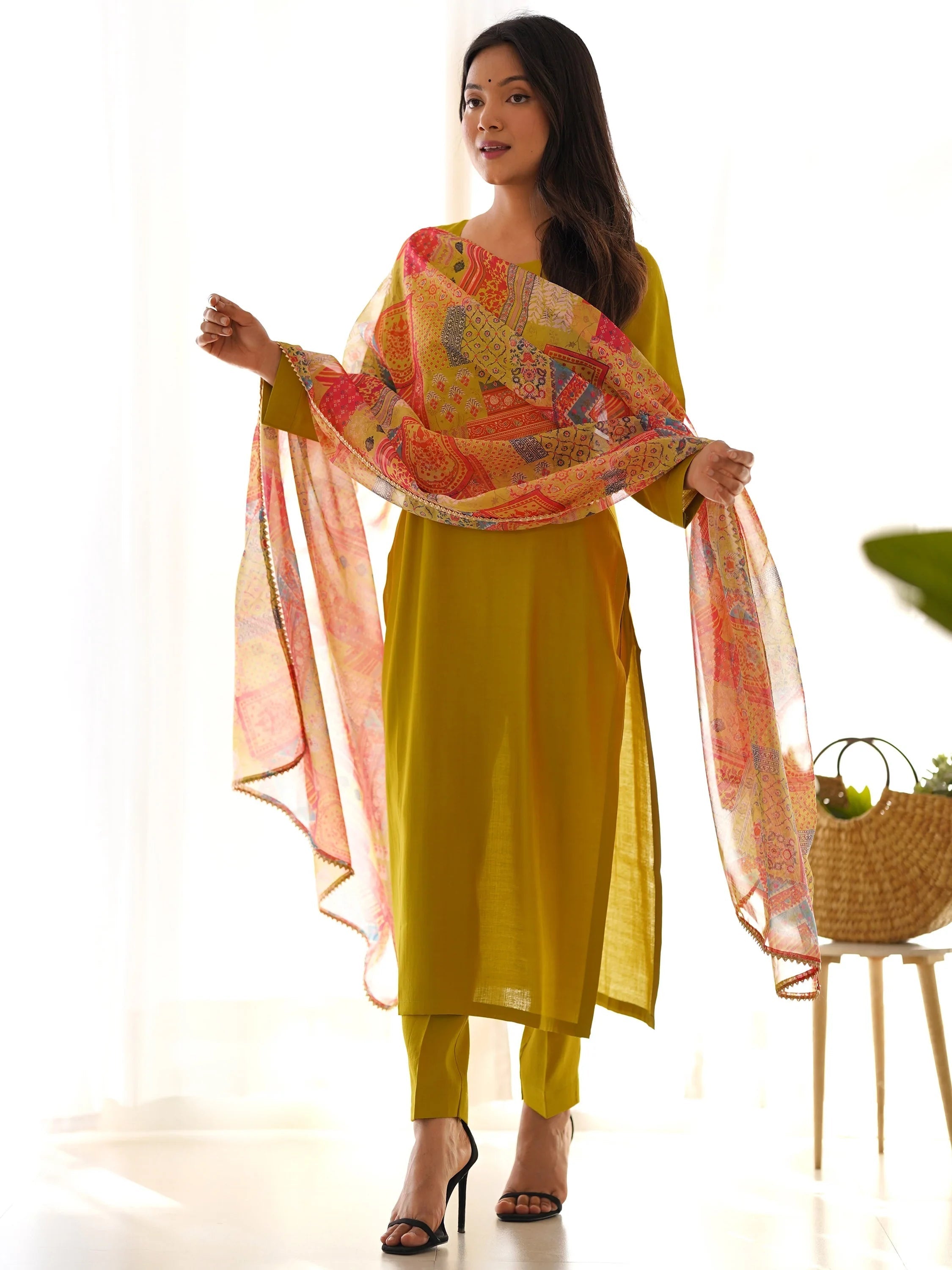 Mustard Attractive Cotton Event Wear Straight Kurta With Pant
