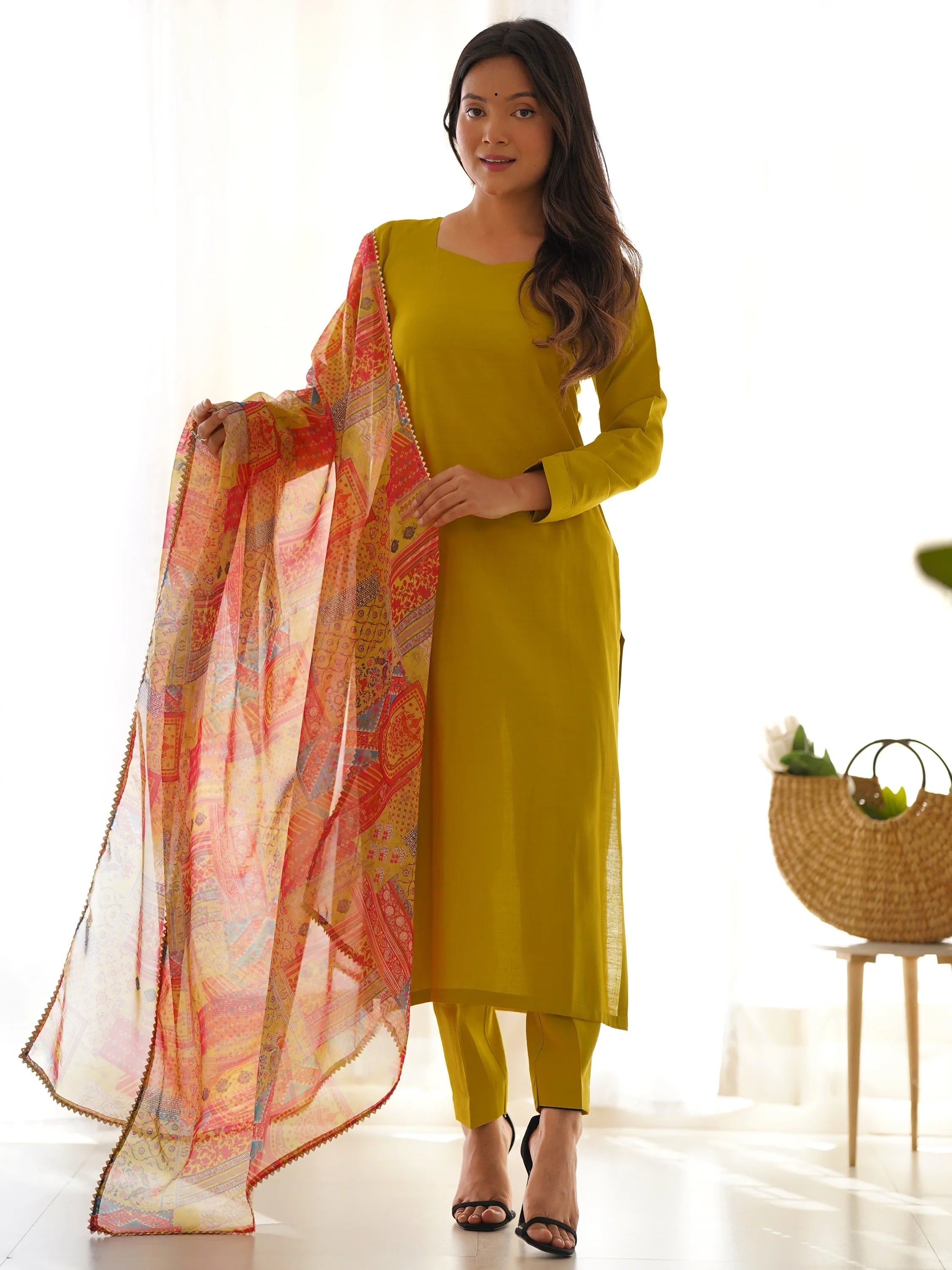 Mustard Attractive Cotton Event Wear Straight Kurta With Pant