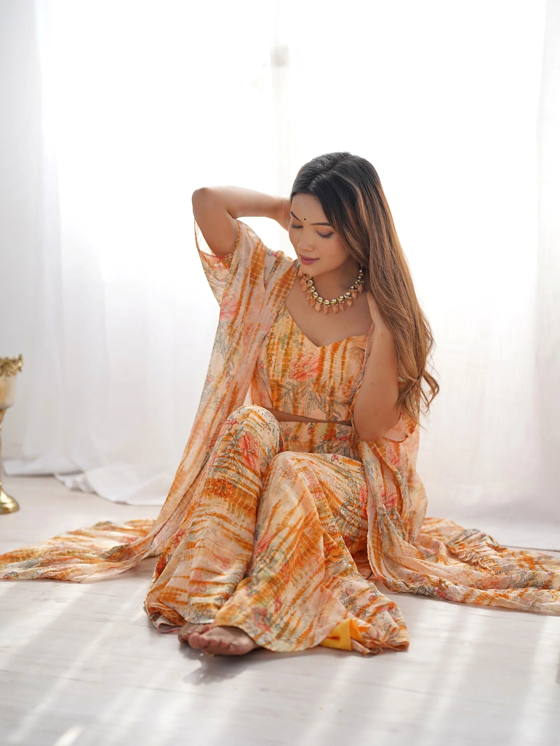 Great Orange Printed Georgette Party Wear Crop-Top Plazzo With Shrug