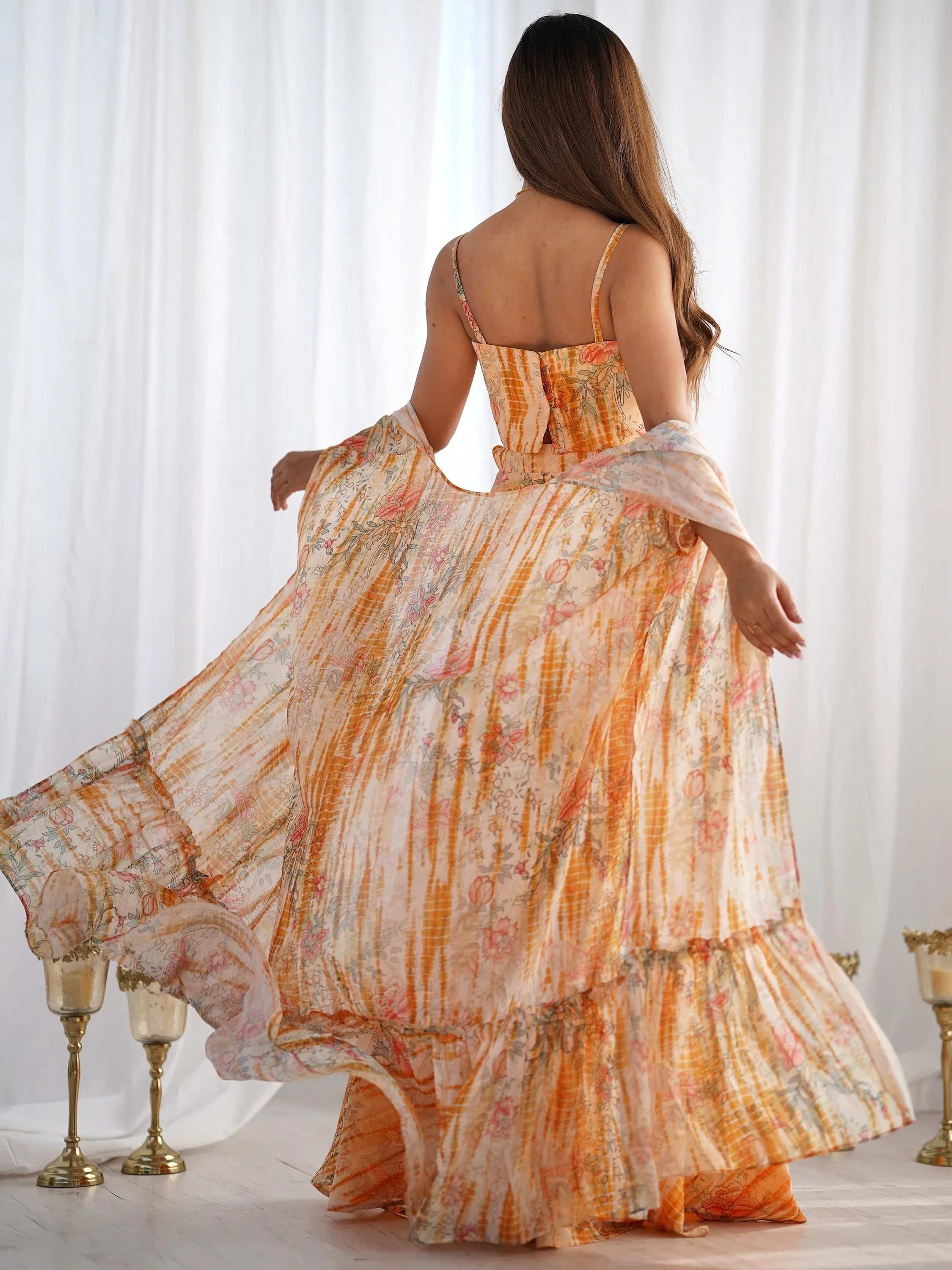 Great Orange Printed Georgette Party Wear Crop-Top Plazzo With Shrug