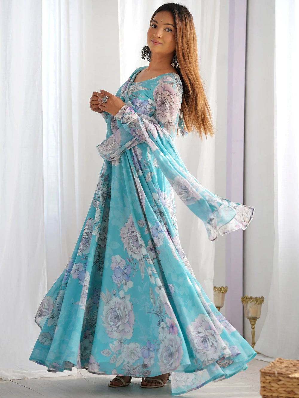 Blue Floral Printed Georgette Festival Wear Gown With Dupatta for Women