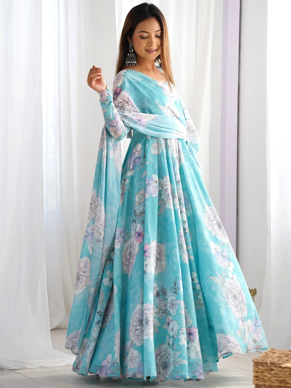 Blue Floral Printed Georgette Festival Wear Gown With Dupatta for Women