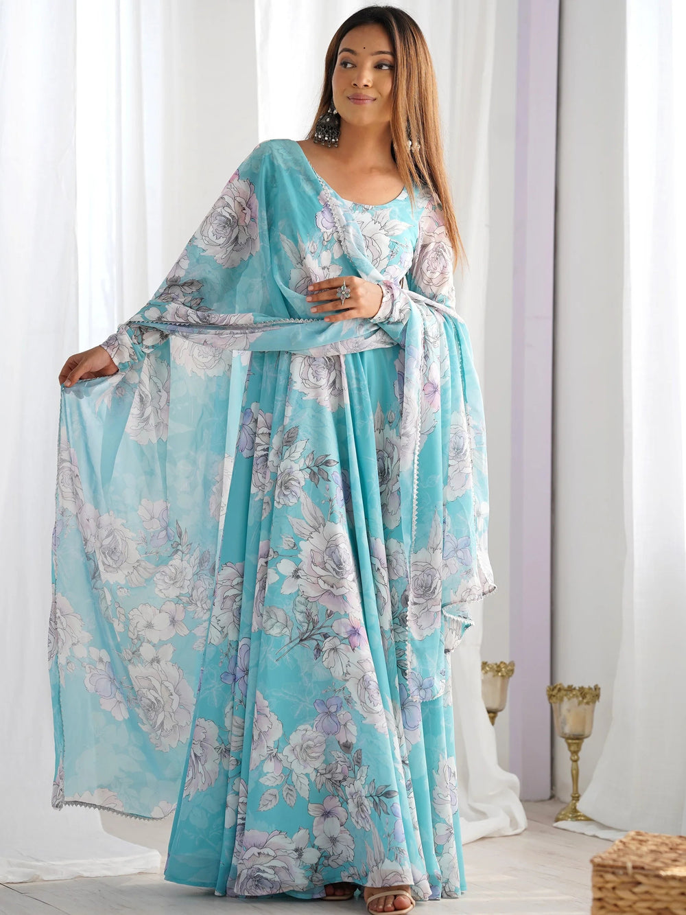 Blue Floral Printed Georgette Festival Wear Gown With Dupatta for Women