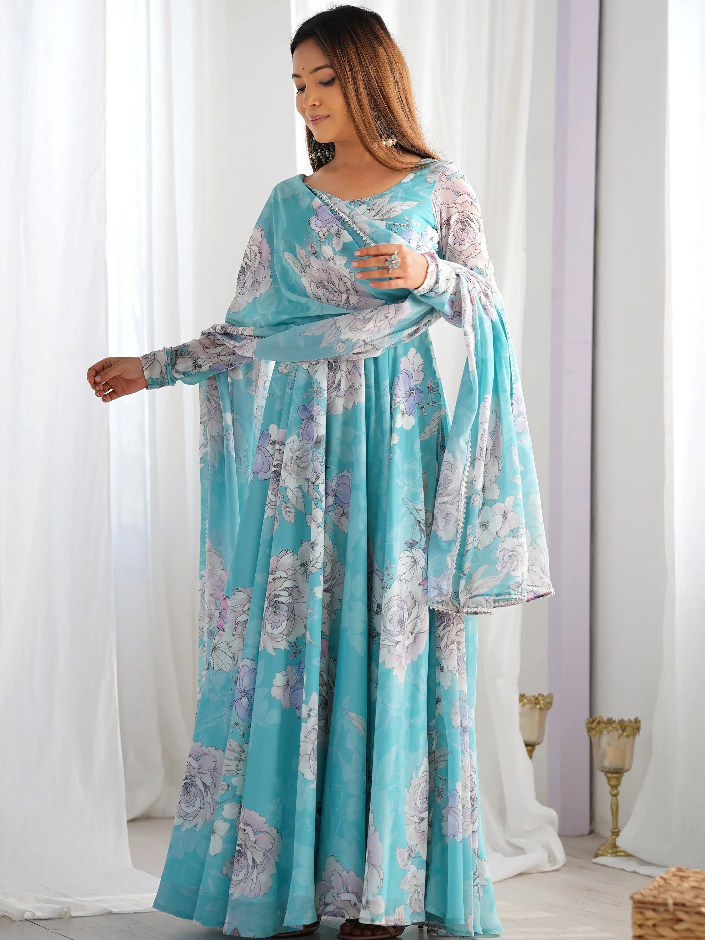 Blue Floral Printed Georgette Festival Wear Gown With Dupatta for Women
