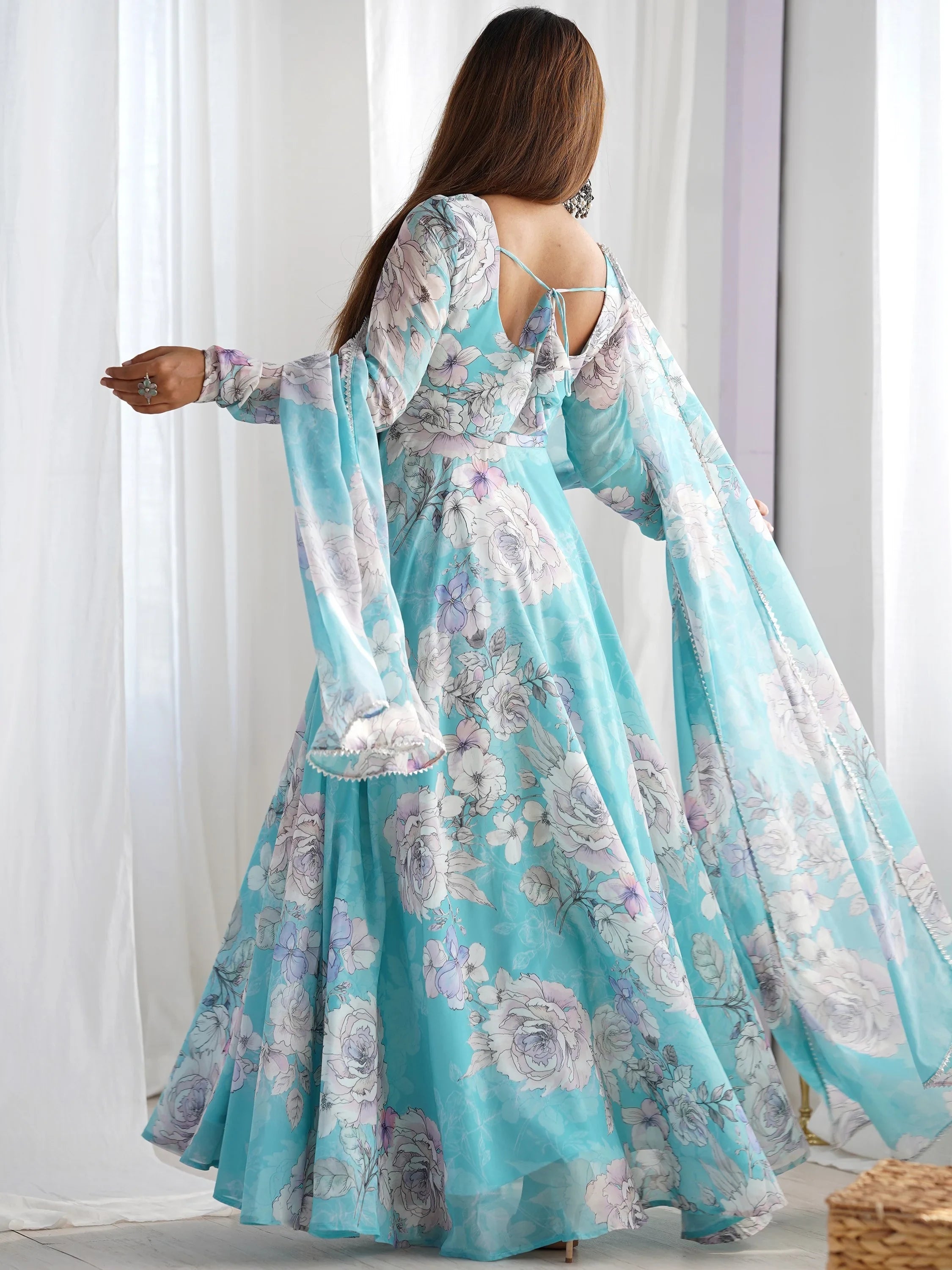 Blue Floral Printed Georgette Festival Wear Gown With Dupatta for Women