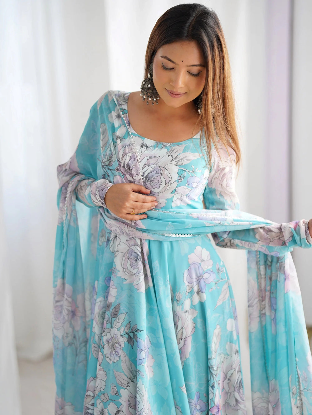 Blue Floral Printed Georgette Festival Wear Gown With Dupatta for Women