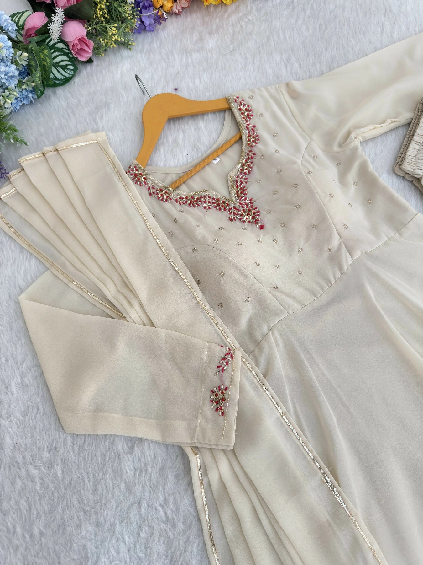 Designer Princess Faux Georgette Gown Set with Pant & Dupatta - Zimonza