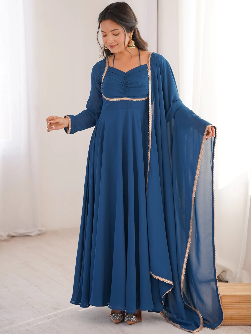 Blue Georgette Festival Wear Gown With Dupatta for Women