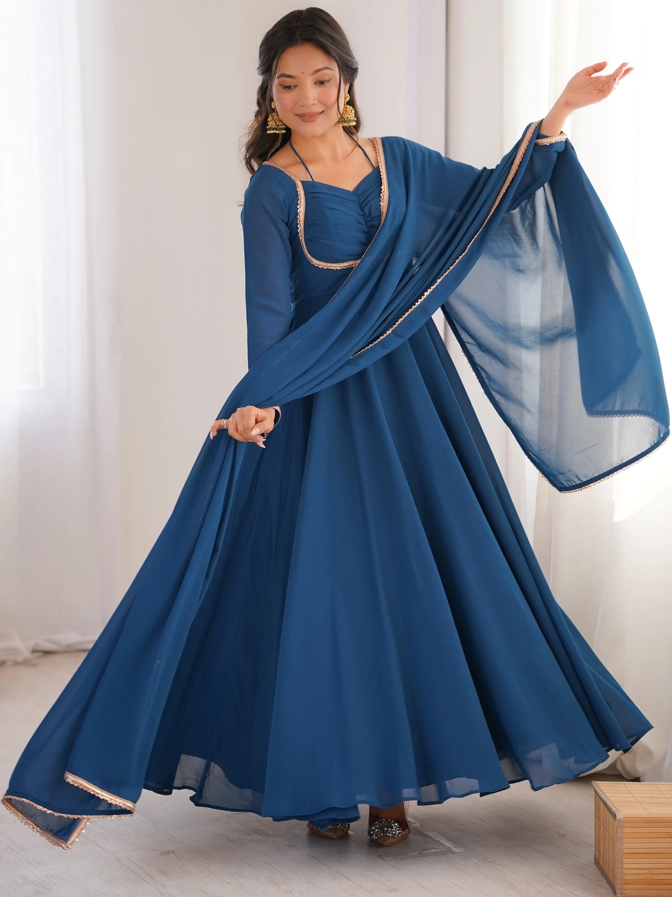 Blue Georgette Festival Wear Gown With Dupatta for Women